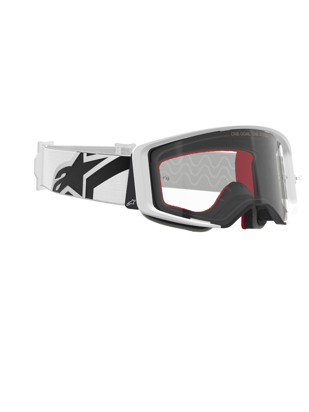 Alpinestars Supertech Corp Goggles, motocrossglasögon, vita och klara, vitt band med stor svart Alpinestars-logotyp, klar formsprutad lins, vit dubbelinsprutad ram, prestandaglasögon för terrängkörning