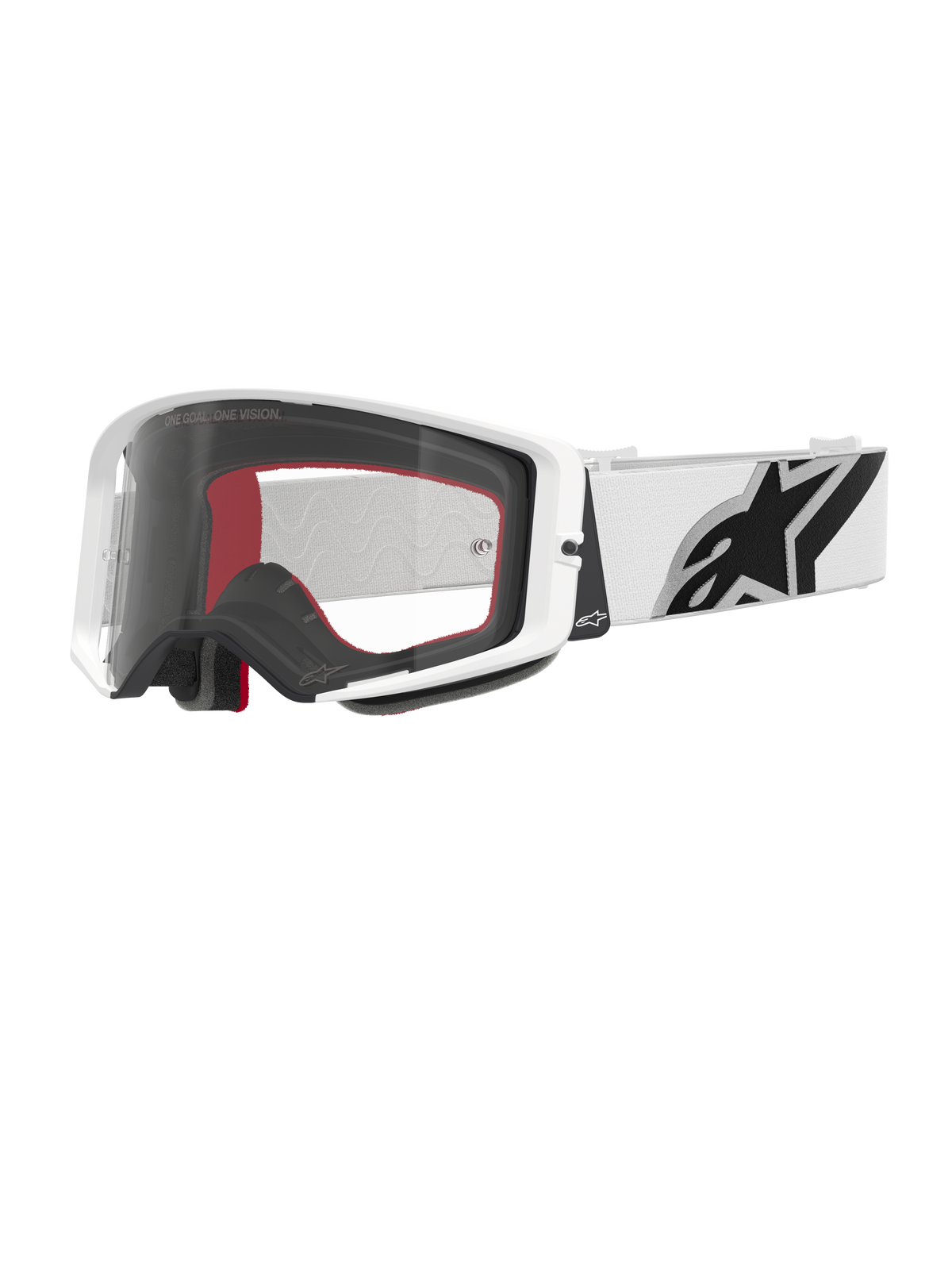 Alpinestars Supertech Corp Goggles, motocrossglasögon, vita och klara, vit ram med klar polykarbonatlins, vitt band med framträdande svart Alpinestars-logotyp, rött och svart ansiktsskum i flera lager