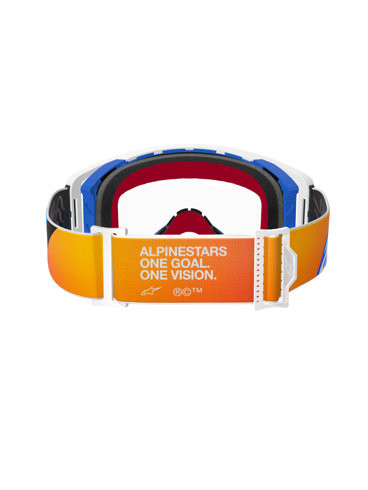 Alpinestars Supertech Corp Goggles, motocrossglasögon, Blue Orange Clear, vy bakifrån som visar rem med orange och gul färgövergång, vit text 'ALPINESTARS ONE GOAL. ONE VISION.', vita spännen och blå detaljer på ramen.
