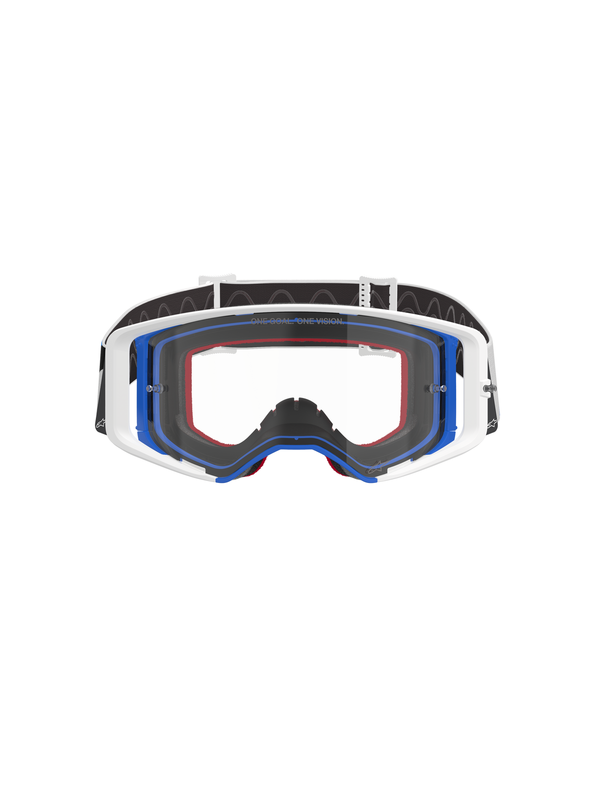 Alpinestars Supertech Corp Goggles, motocrossglasögon, blå, vita och orangea med klar lins, svart rem med vit logotyp, professionella glasögon för terrängkörning med brett synfält och dubbelinsprutad ramdesign