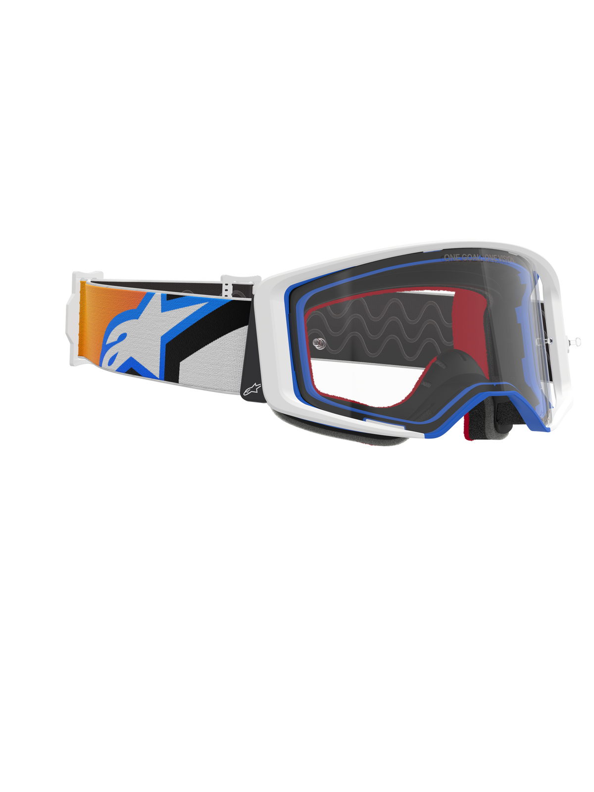 Alpinestars Supertech Corp Goggles, motocrossglasögon, blå, orange och klar, sidovy som visar klar lins, vit ram med blå och röda detaljer och bred rem med orange och blå grafik samt stor vit Alpinestars-logotyp.