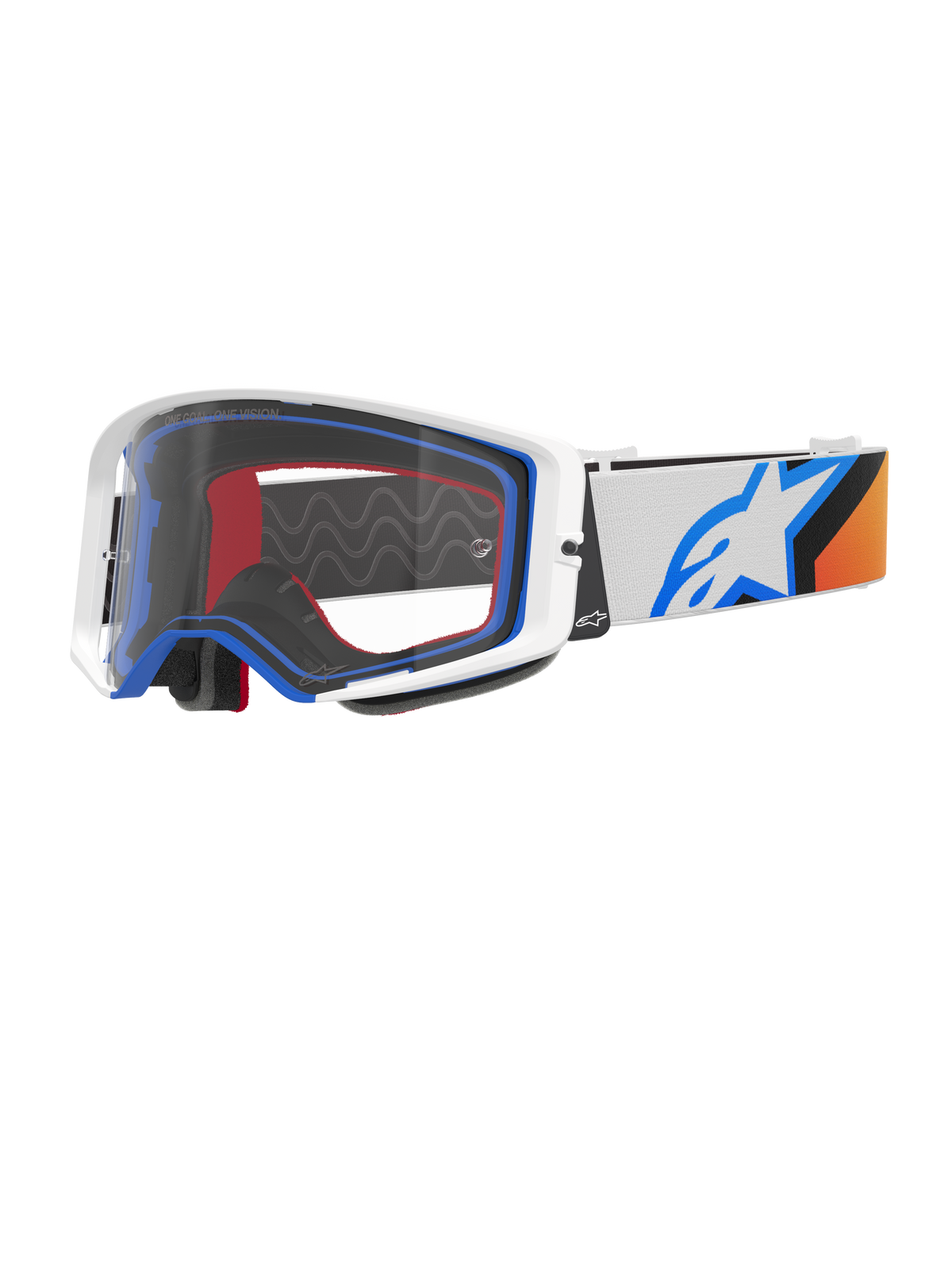 Alpinestars Supertech Corp Goggles, motocrossglasögon, blå, orange och vit, klar lins med vit ram och blå detaljer, bred rem med Alpinestars stjärnlogotyp och silikongrepp, högpresterande skyddsglasögon för terrängkörning