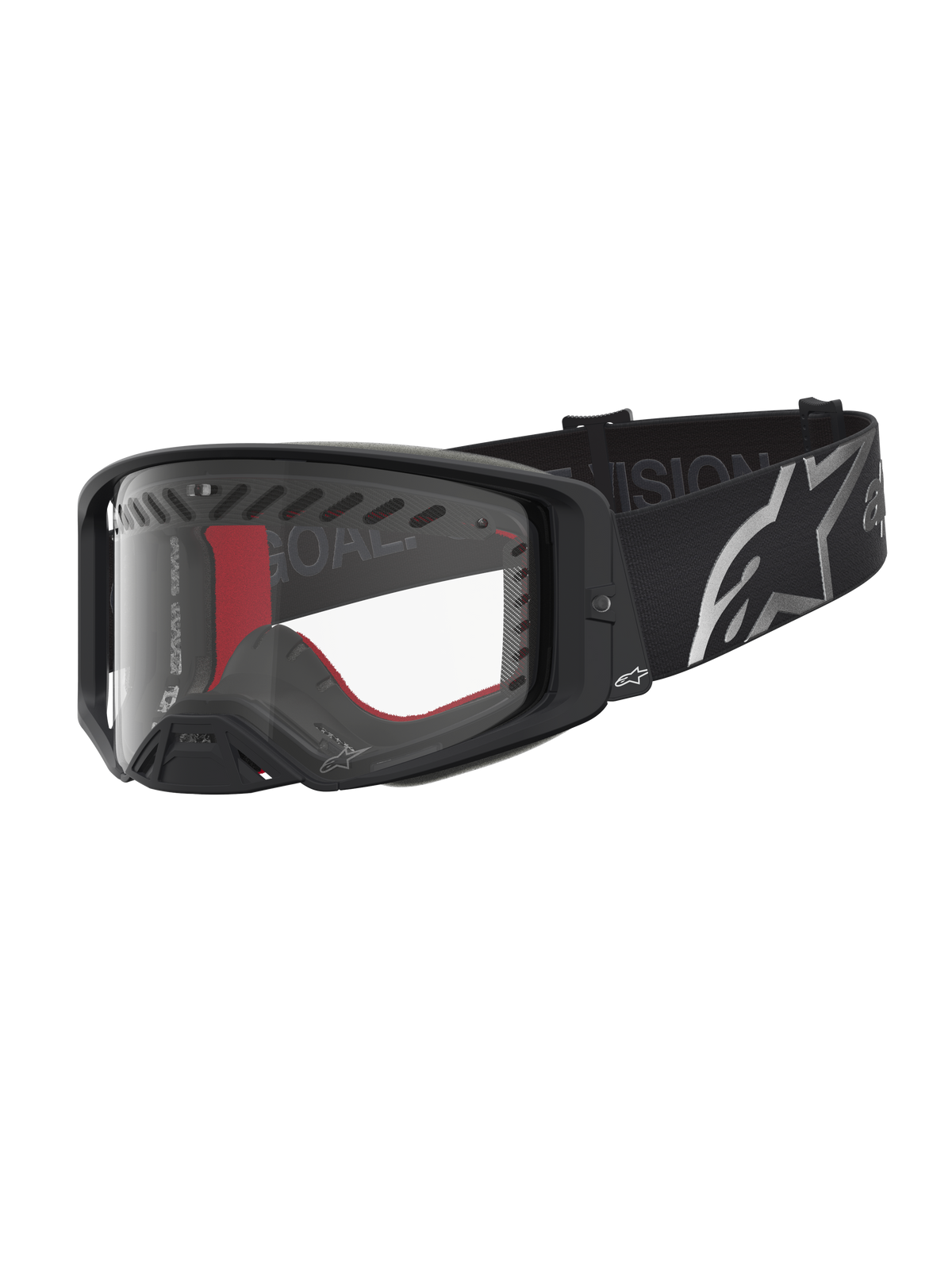 Alpinestars Supertech Dura Air Fluid goggles, svarta och silver motocross-goggles med klar lins och bred logotyprem.