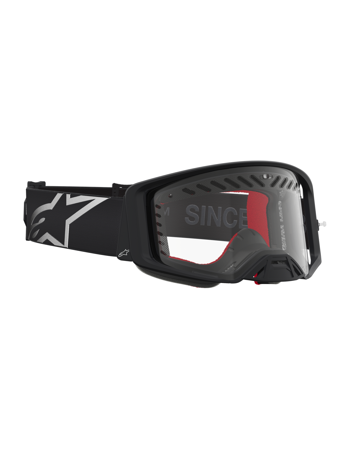 Alpinestars Supertech Dura Air Fluid goggles, svarta och silver racinggoggles för motocross med klar polykarbonatlins.