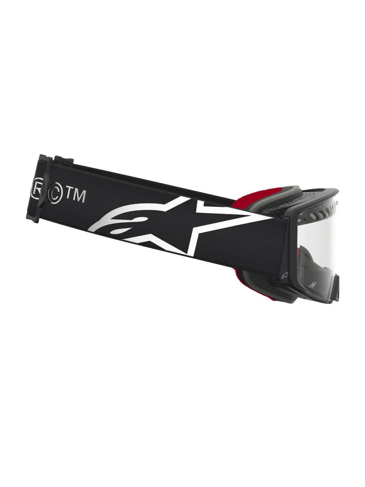 Alpinestars Supertech Dura Air Fluid Goggles, svarta motocrossgoggles med silverlogotyp, klar lins och röd vaddering.