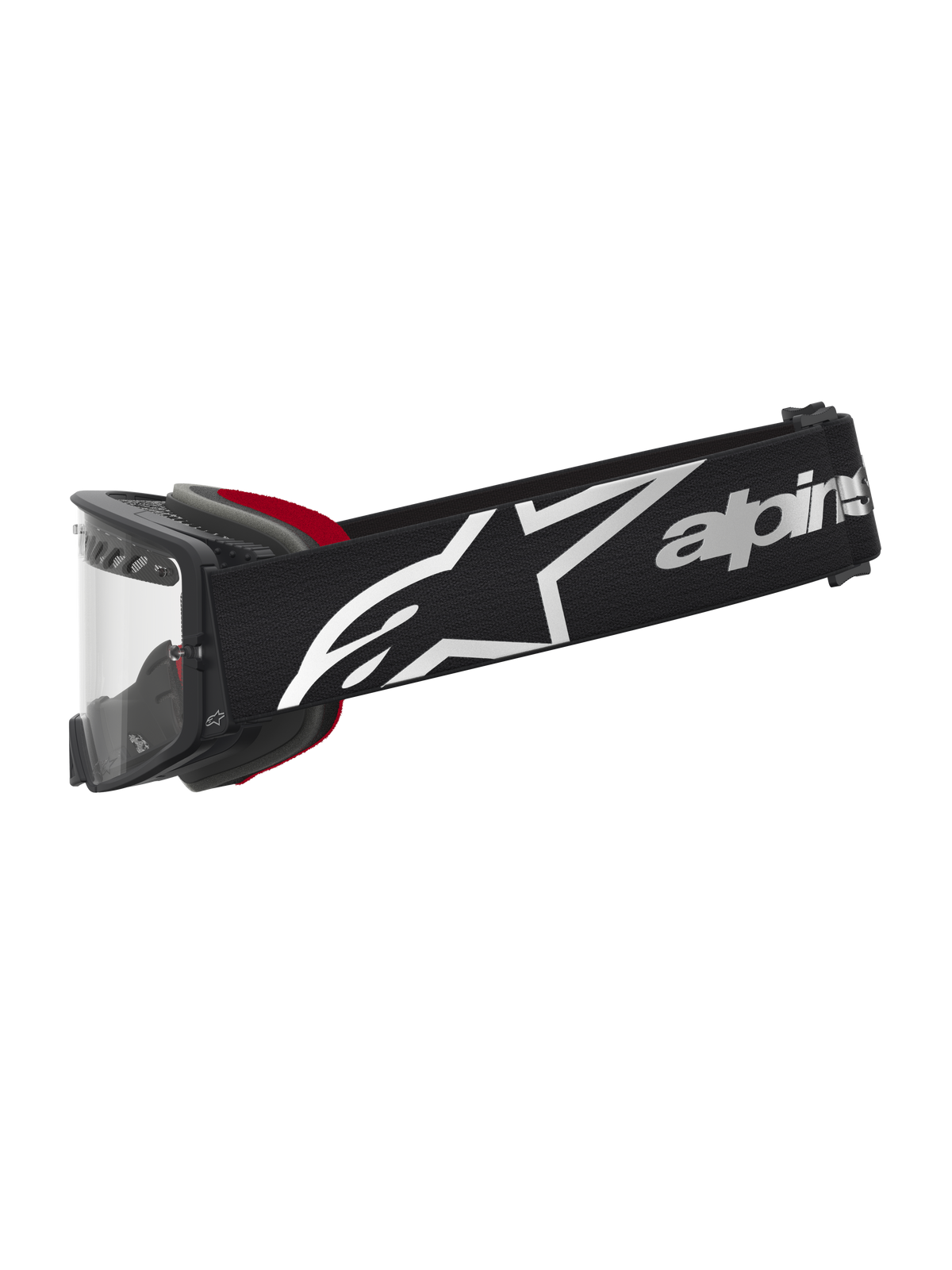 Alpinestars Supertech Dura Air Fluid goggles, motocrossgoggles för terrängkörning, svarta med vit logotyp och röd vaddering, klar lins, professionell racingutrustning