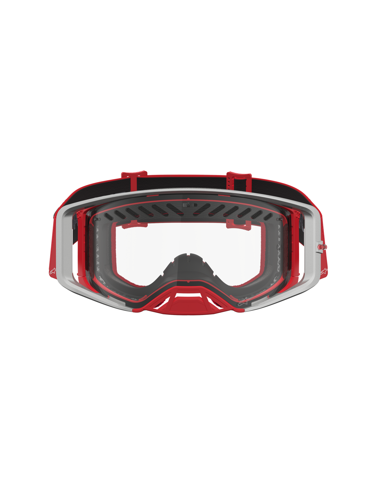 Alpinestars Supertech Dura Air Fluid Goggles, röda och silver motocrossgoggles med klar lins för terrängkörning.