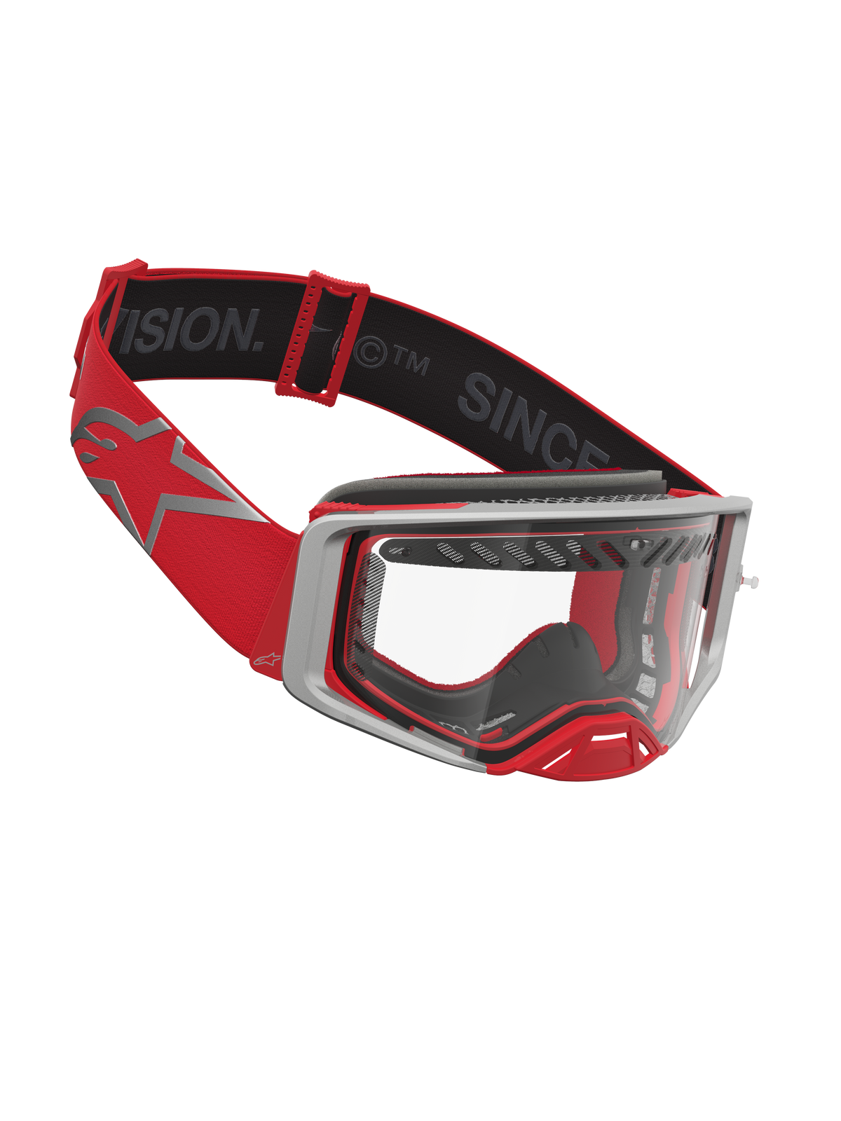 Alpinestars Supertech Dura Air Fluid Goggles, red and silver motocross goggles with clear lens and vented frame.