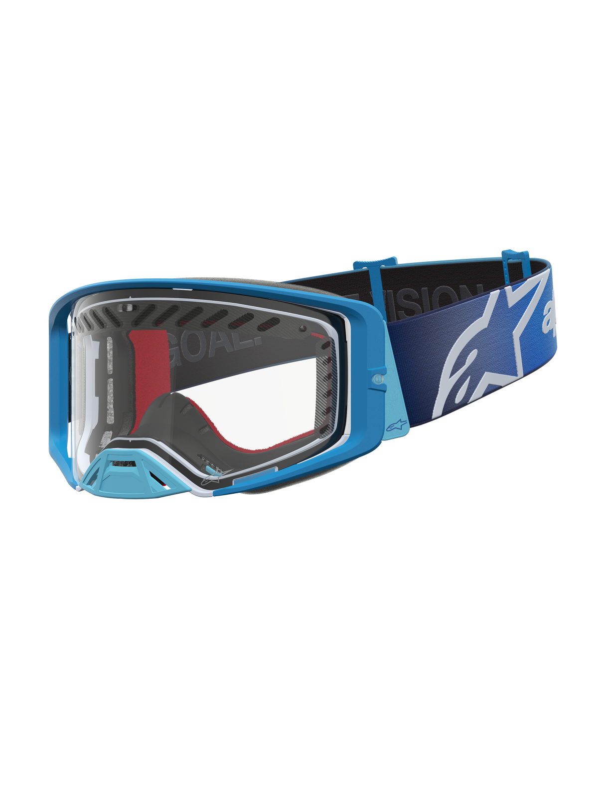 Alpinestars Supertech Dura Air Fluid goggles, motocrossgoggles i blått och silver med klar lins för terrängkörning.