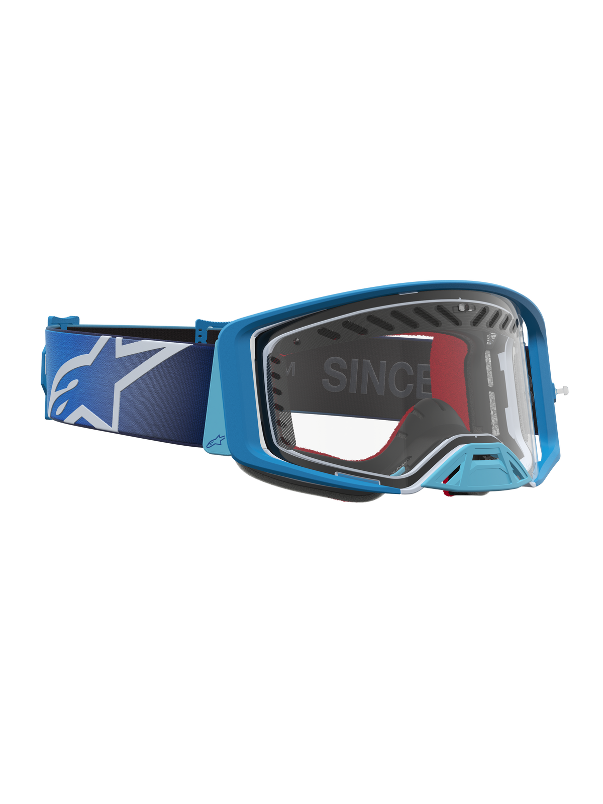 Alpinestars Supertech Dura Air Fluid Goggles, motocrossglasögon i blått och silver med klar lins, ventilerad plastram för optimalt luftflöde, professionell utrustning för terrängkörning
