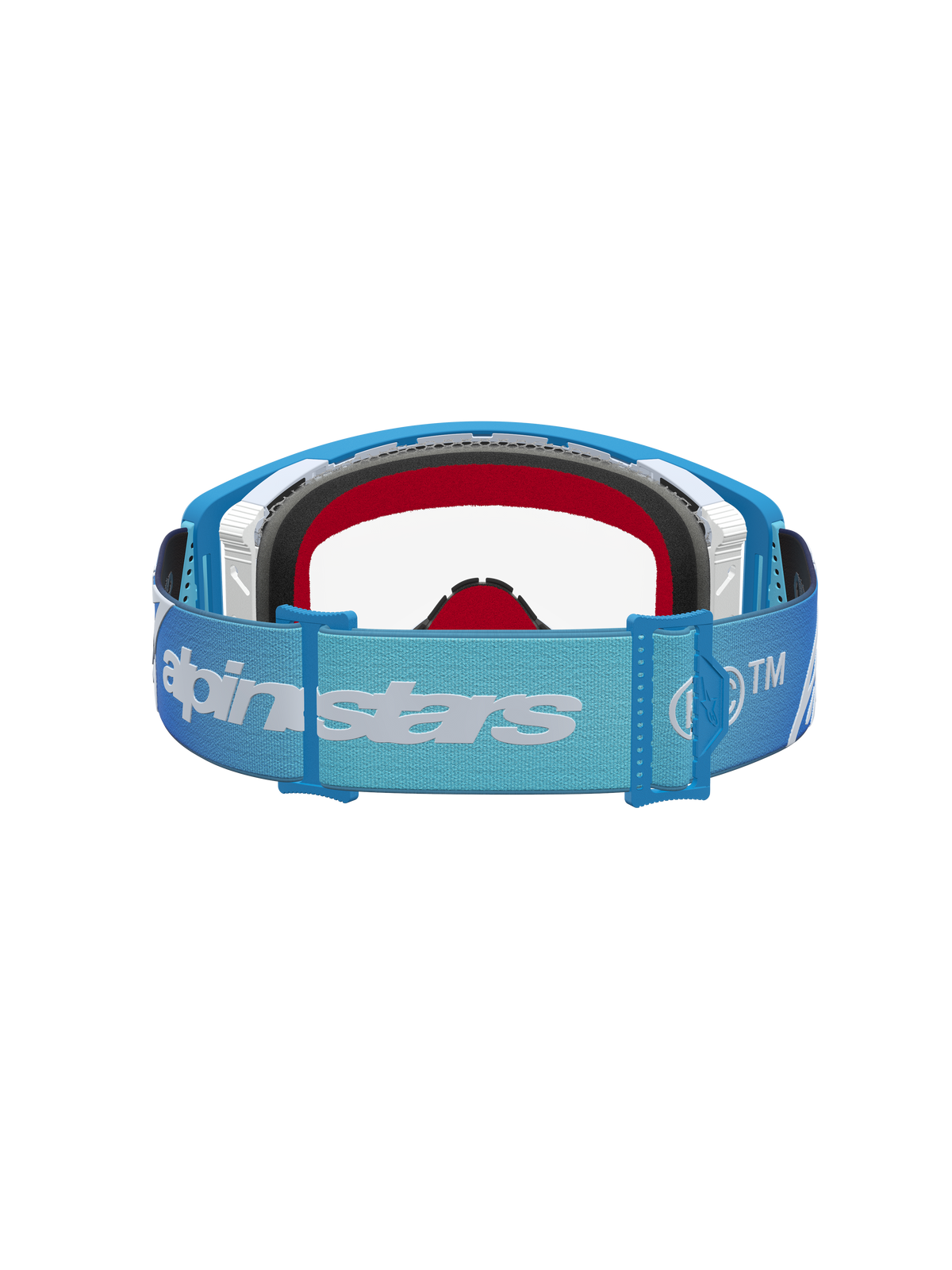 Alpinestars Supertech Dura Air Fluid goggles, motocrossglasögon för terrängkörning, blå och silver, justerbart blått band med vit logotyp, klar lins och rött skumfoder.