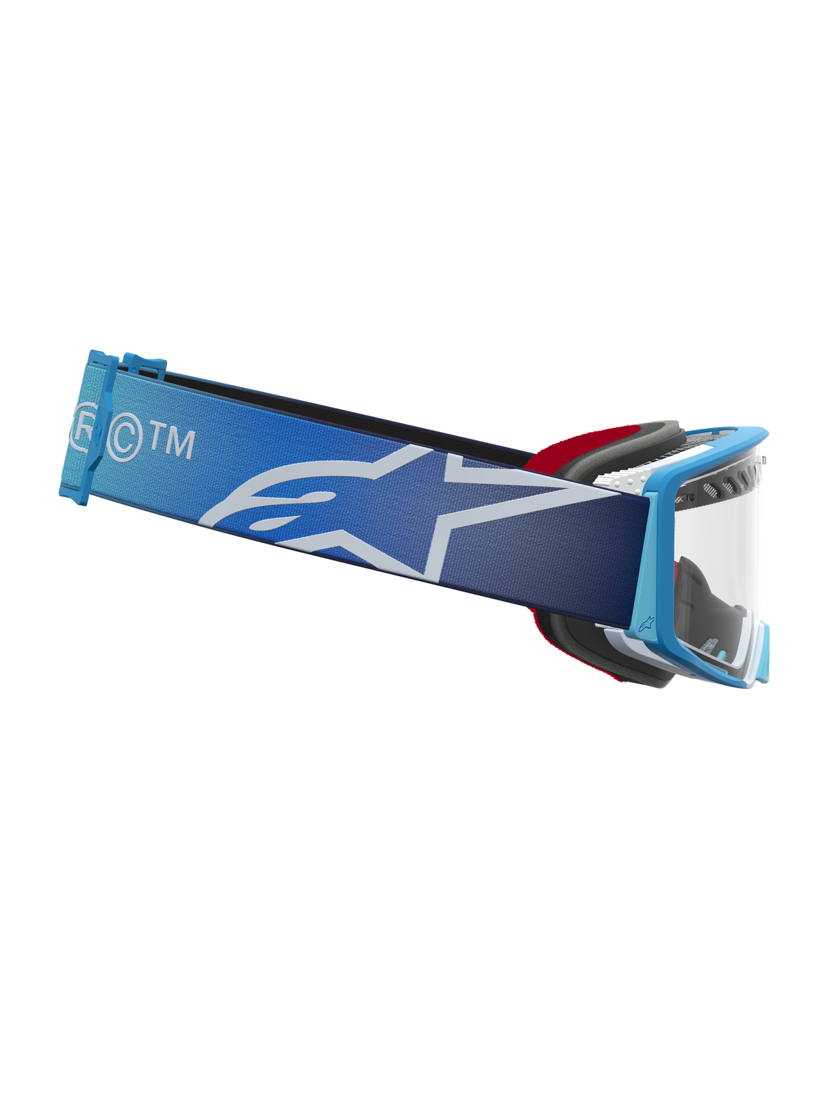 Alpinestars Supertech Dura Air Fluid goggles, blåtonade motocrossgoggles med klar lins och brett band med vit stjärnlogotyp.