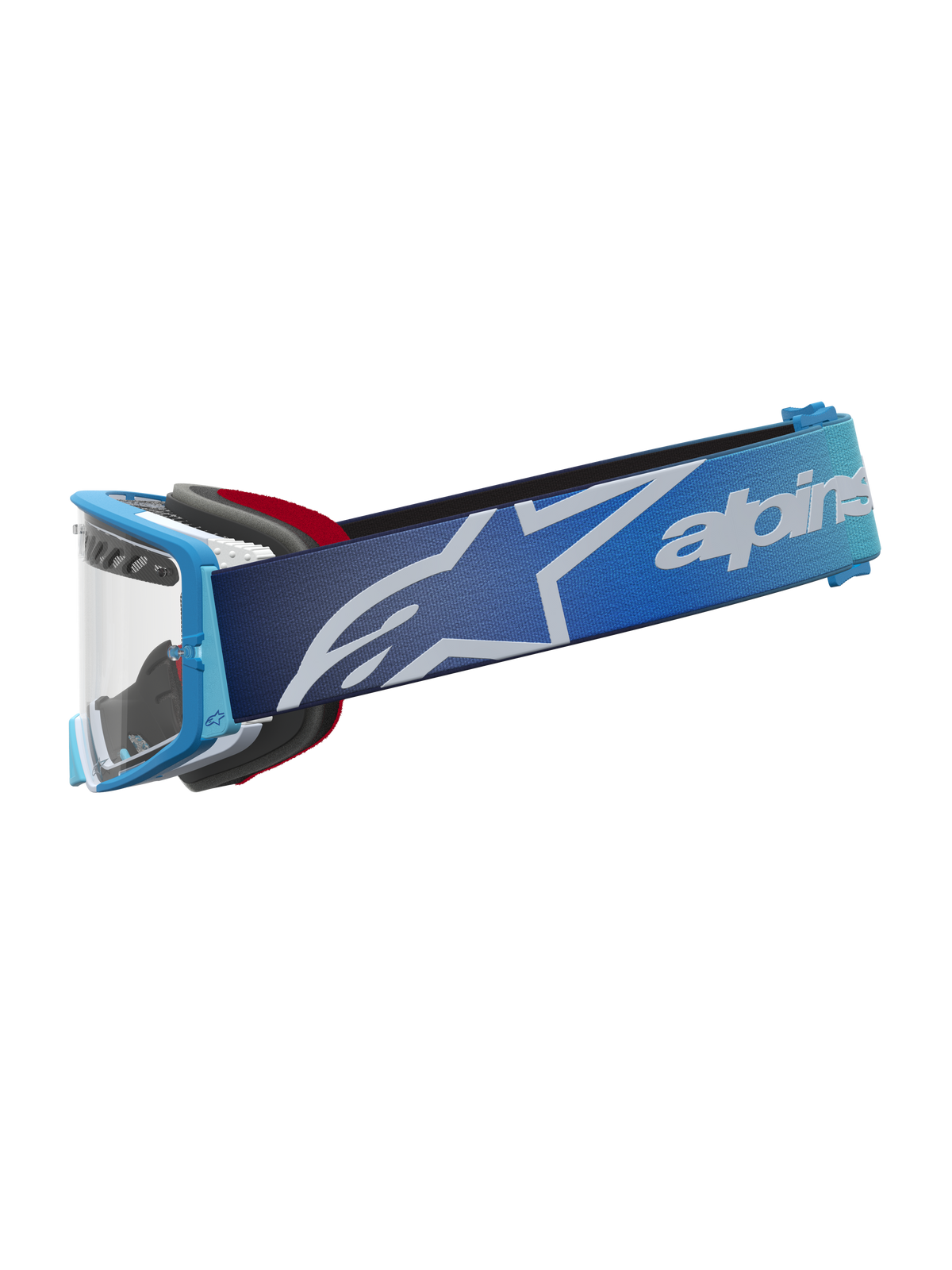 Alpinestars Supertech Dura Air Fluid goggles, blåtonade motocross-goggles med klar lins och logotypförsedd rem.