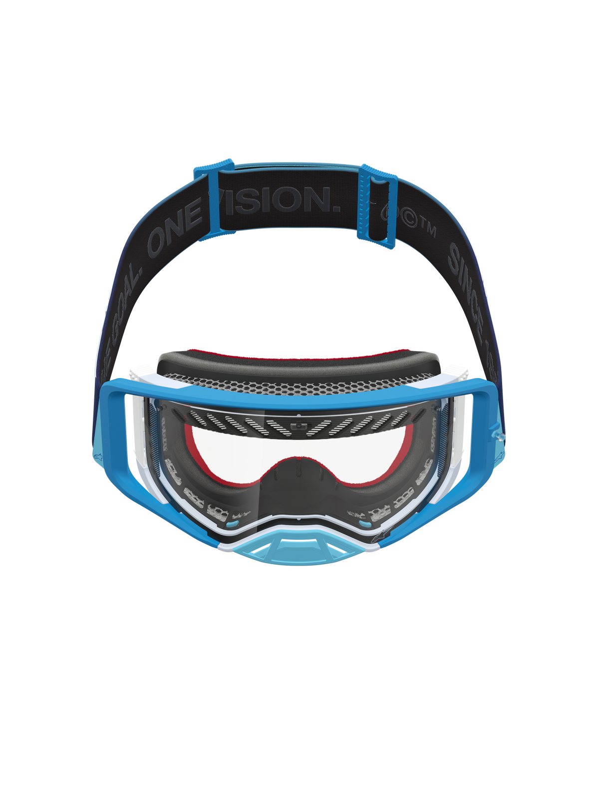 Alpinestars Supertech Dura Air Fluid goggles, blå och vita, för motocross med klar lins och logotypförsedd rem.