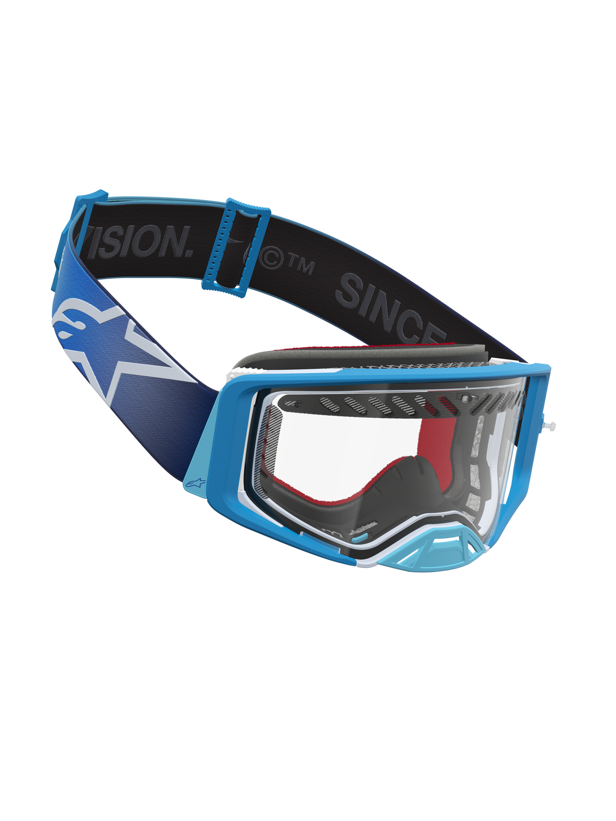 Alpinestars Supertech Dura Air Fluid goggles, blå och vita motocross-goggles, klar polykarbonatlins, brett band, för racing.