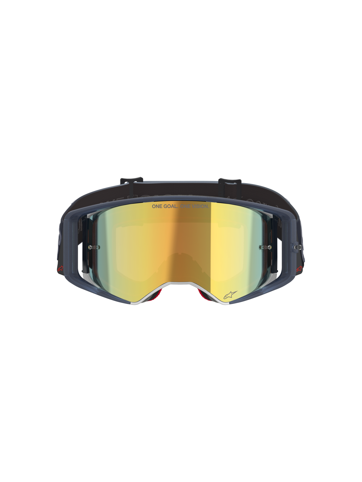 Alpinestars Supertech Vision Vista-goggles, motocrossglasögon, Black Mirror Gold, vy framifrån med guld-spegellins och mörk ram, professionella glasögon för terrängkörning med texten "ONE GOAL. ONE VISION." och logotypdetaljer