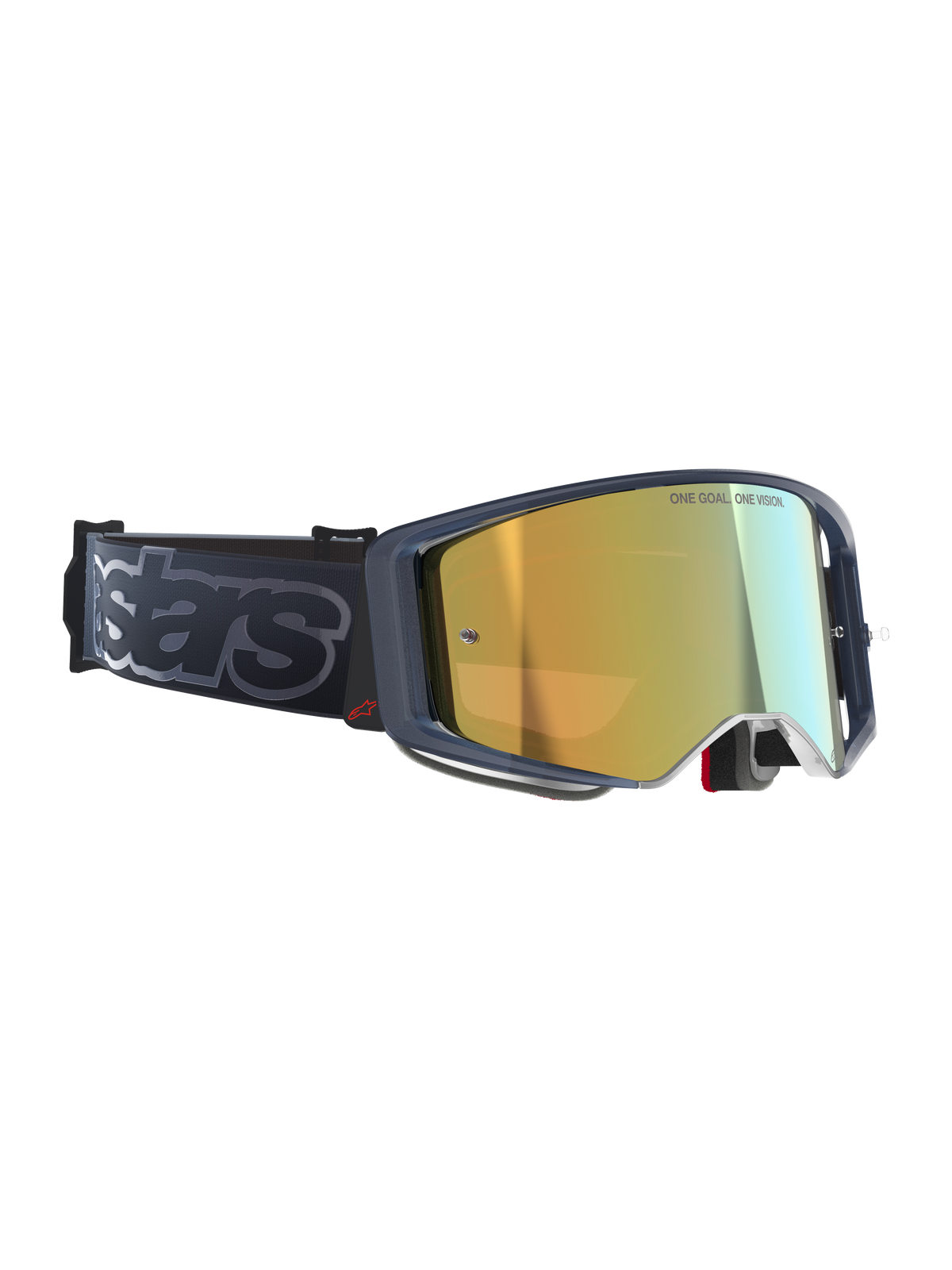 Alpinestars Supertech Vision Vista Goggles, Motocross Goggles, Black Mirror Gold, gold mirrored lens with 'ONE GOAL. ONE VISION.' inscription, dark frame with red logo accent, wide black strap with grey 'stars' branding, elite performance off-road eyewear