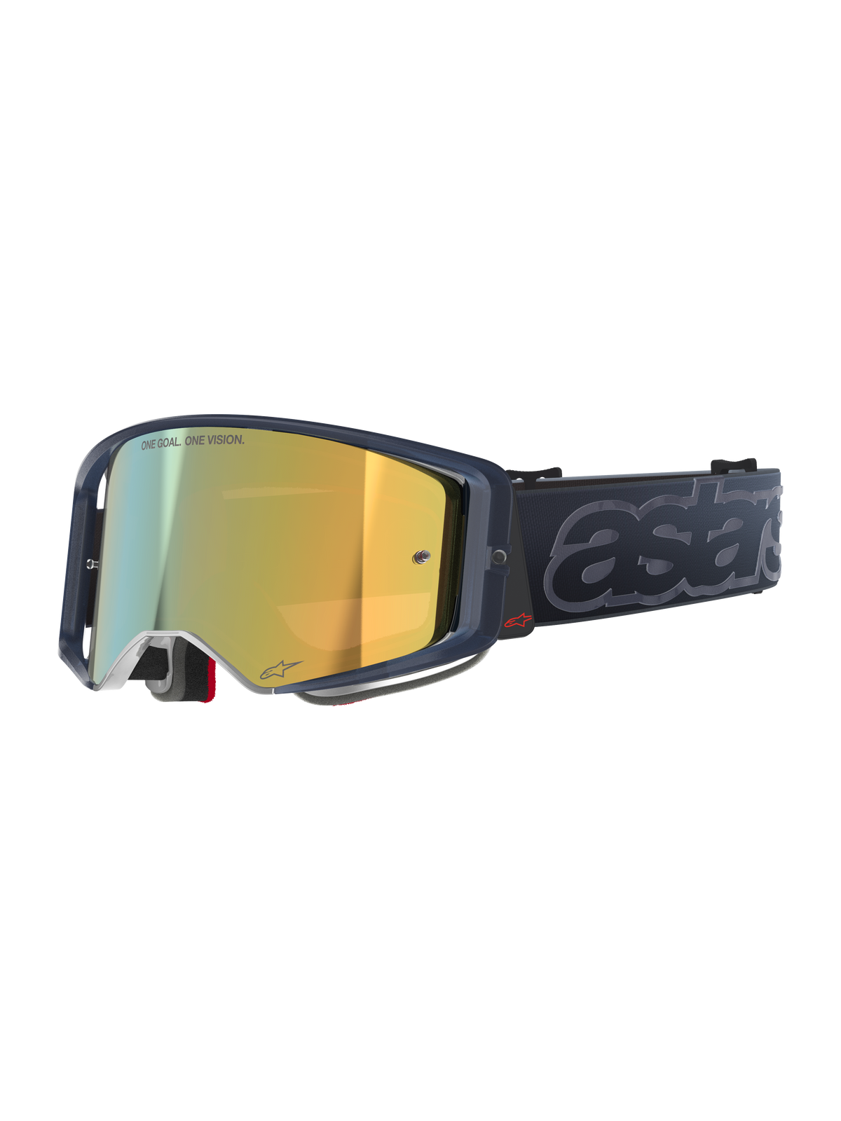 Alpinestars Supertech Vision Vista Goggles, Motocross MX Goggles, Black Mirror Gold colorway, dark translucent frame, gold mirrored lens featuring "ONE GOAL. ONE VISION." text, black strap with large embossed gray "astars" branding