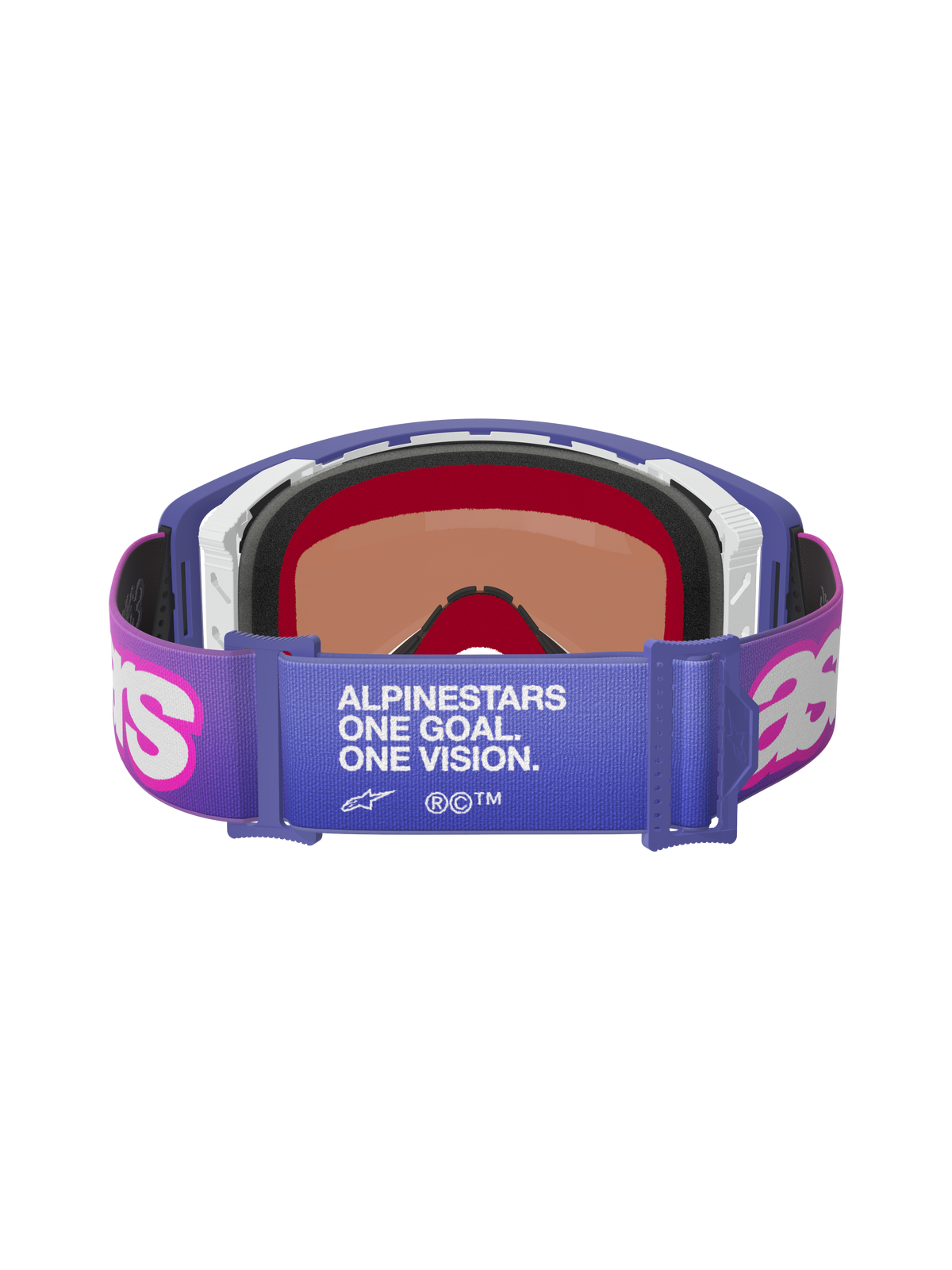 Alpinestars Supertech Vision Vista Goggles, Purple Fluo Pink Mirror Blue, rear view showing elastic strap with "ALPINESTARS ONE GOAL. ONE VISION." white text, pink Astar logos, purple frame with thick foam padding, professional off-road racing eyewear