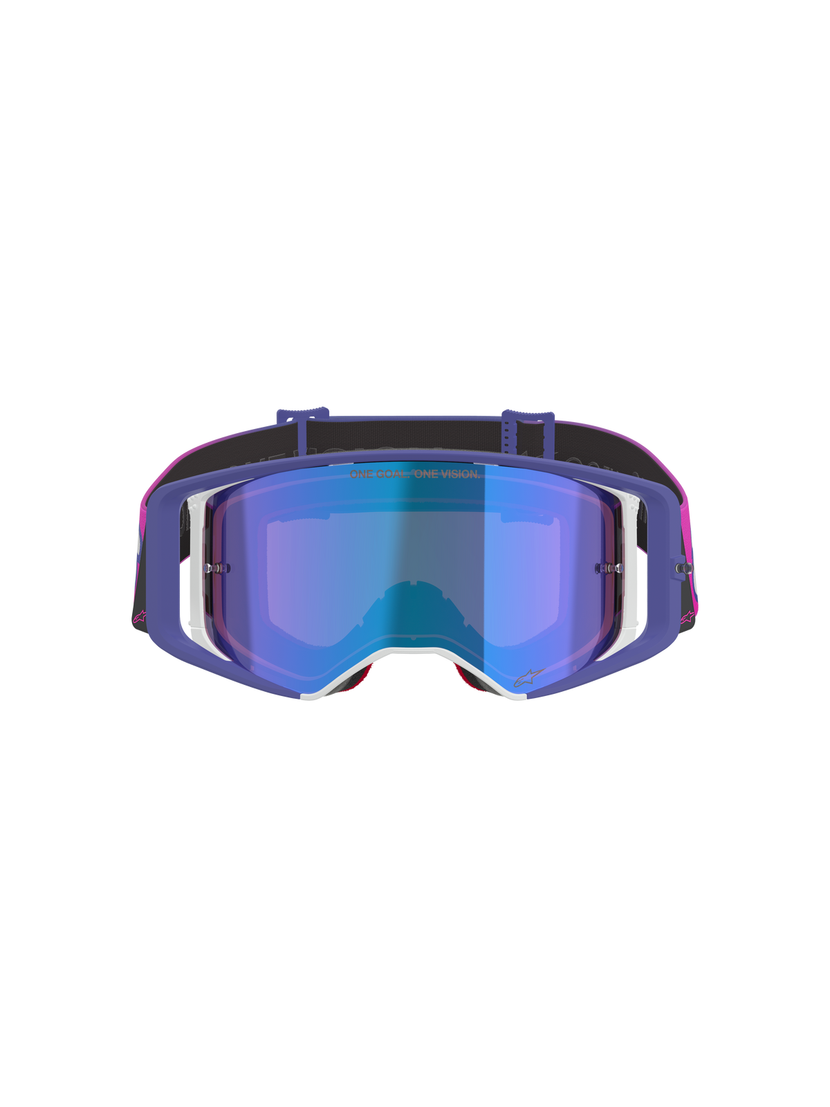 Alpinestars Supertech Vision Vista-goggles, motocrossglasögon, lila, fluorosa och spegelblå, vy framifrån med spegelblå tonad lins, lila ram med vita detaljer och en stark rosa och svart rem med Alpinestars logotyp