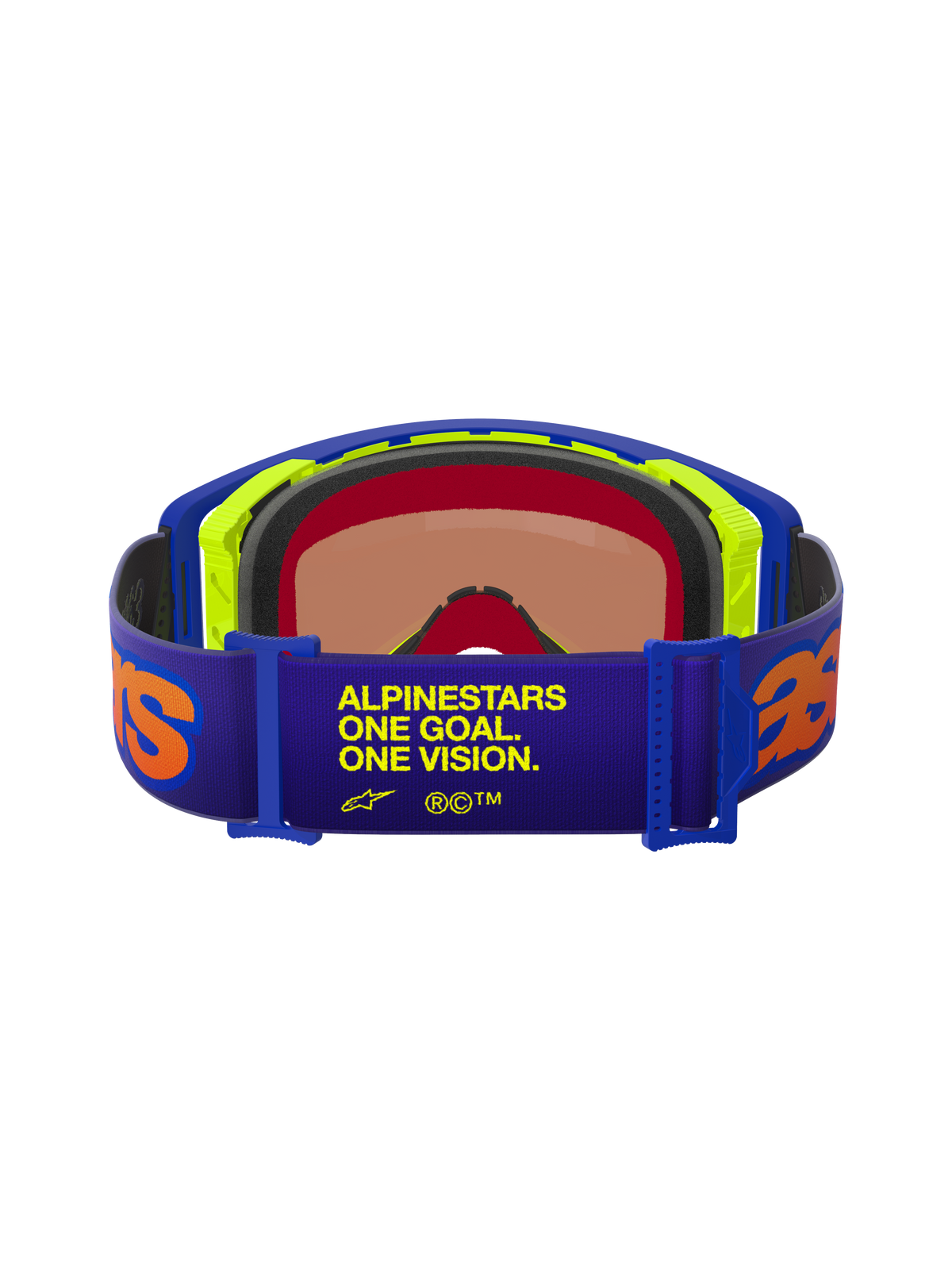 Alpinestars Supertech Vision Vista Goggles, vy bakifrån, lila rem med gul "ONE GOAL. ONE VISION."-text och orangea logotyper, blå och neongul ram, ansiktsskum i flera lager, Mirror Red-lins, professionella motocrossglasögon