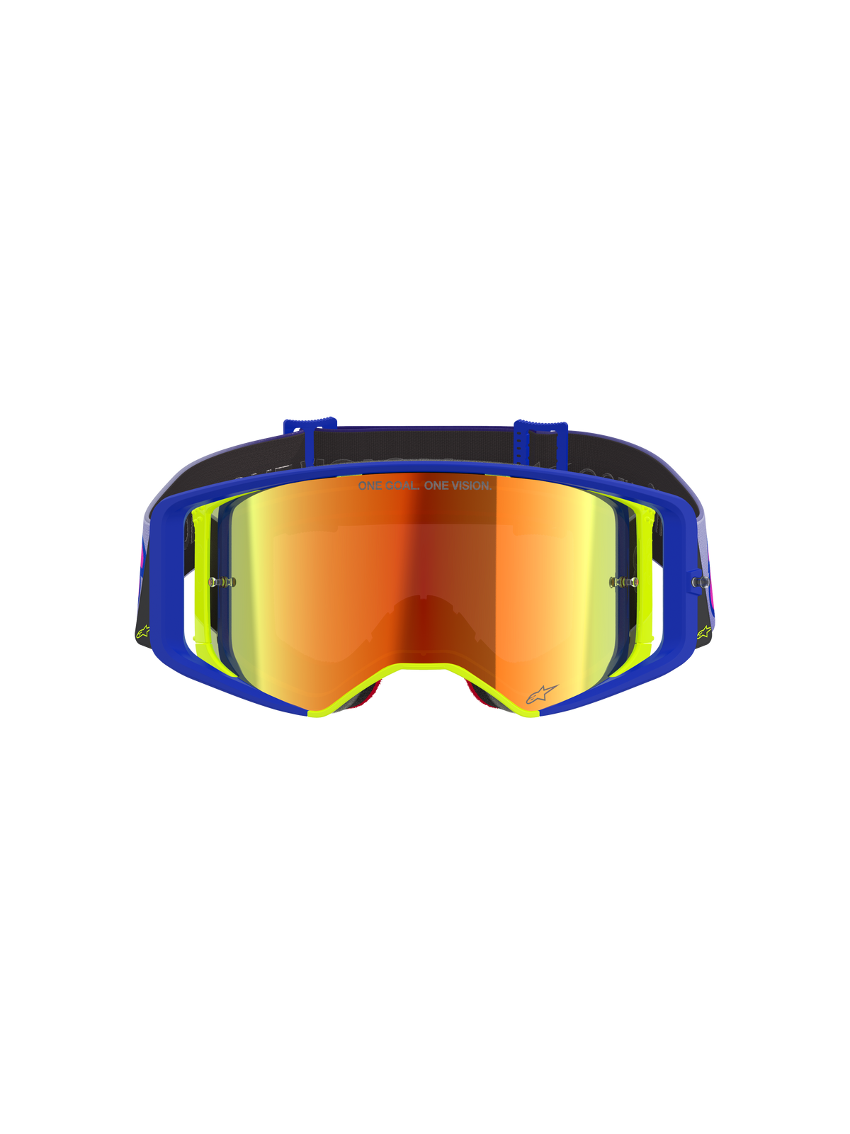 Alpinestars Supertech Vision Vista-glasögon, motocrossglasögon, blå och gul ram med en rödtonad spegellins, lila och orange reflektioner, texten 'ONE GOAL. ONE VISION.' på linsen, professionella högpresterande glasögon för terrängkörning