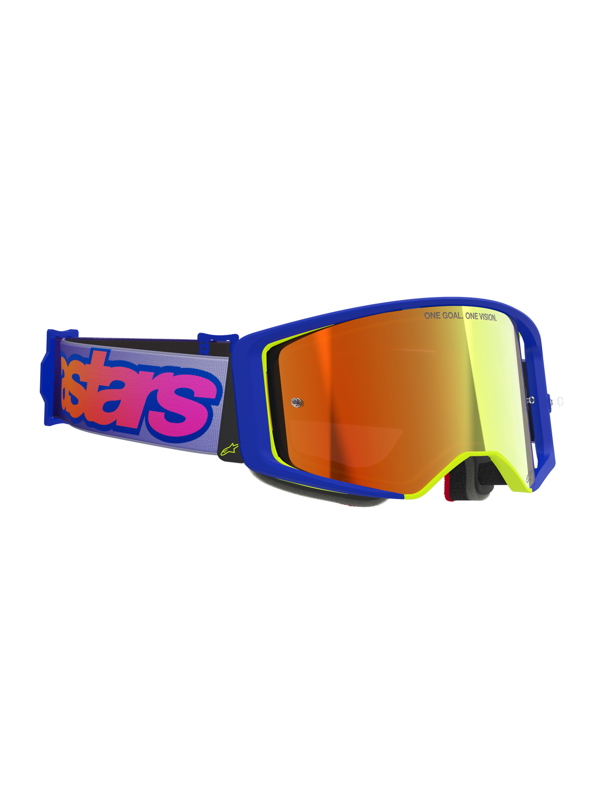 Alpinestars Supertech Vision Vista Goggles, motocrossglasögon, blå och gul ram med rödtonad spegellins, lila rem med framträdande rosa Alpinestars-logotyp, professionella glasögon för offroad-racing