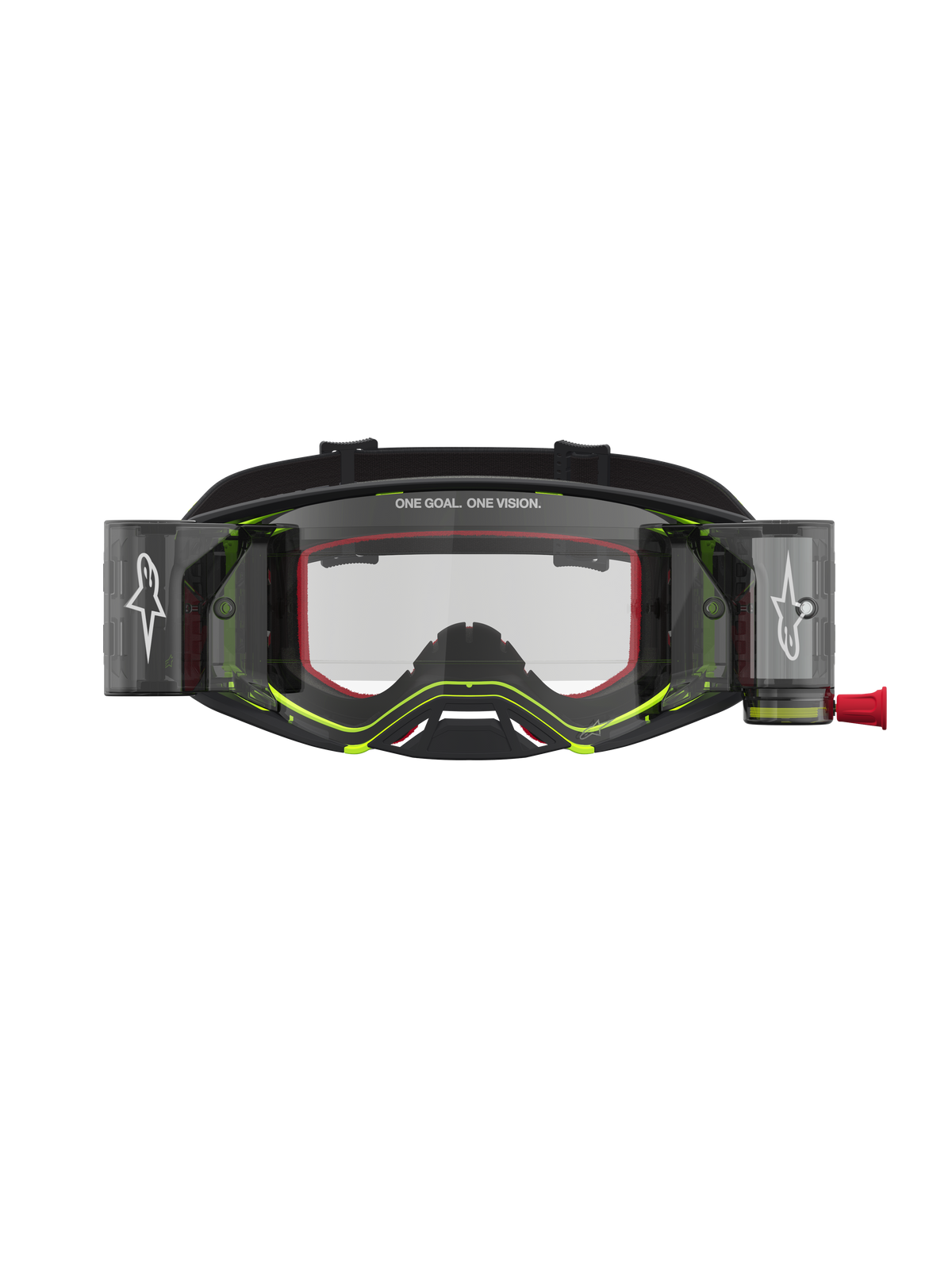 Alpinestars Supertech Firma Roll Off Goggles, black and yellow fluo motocross eyewear with clear protective lens.