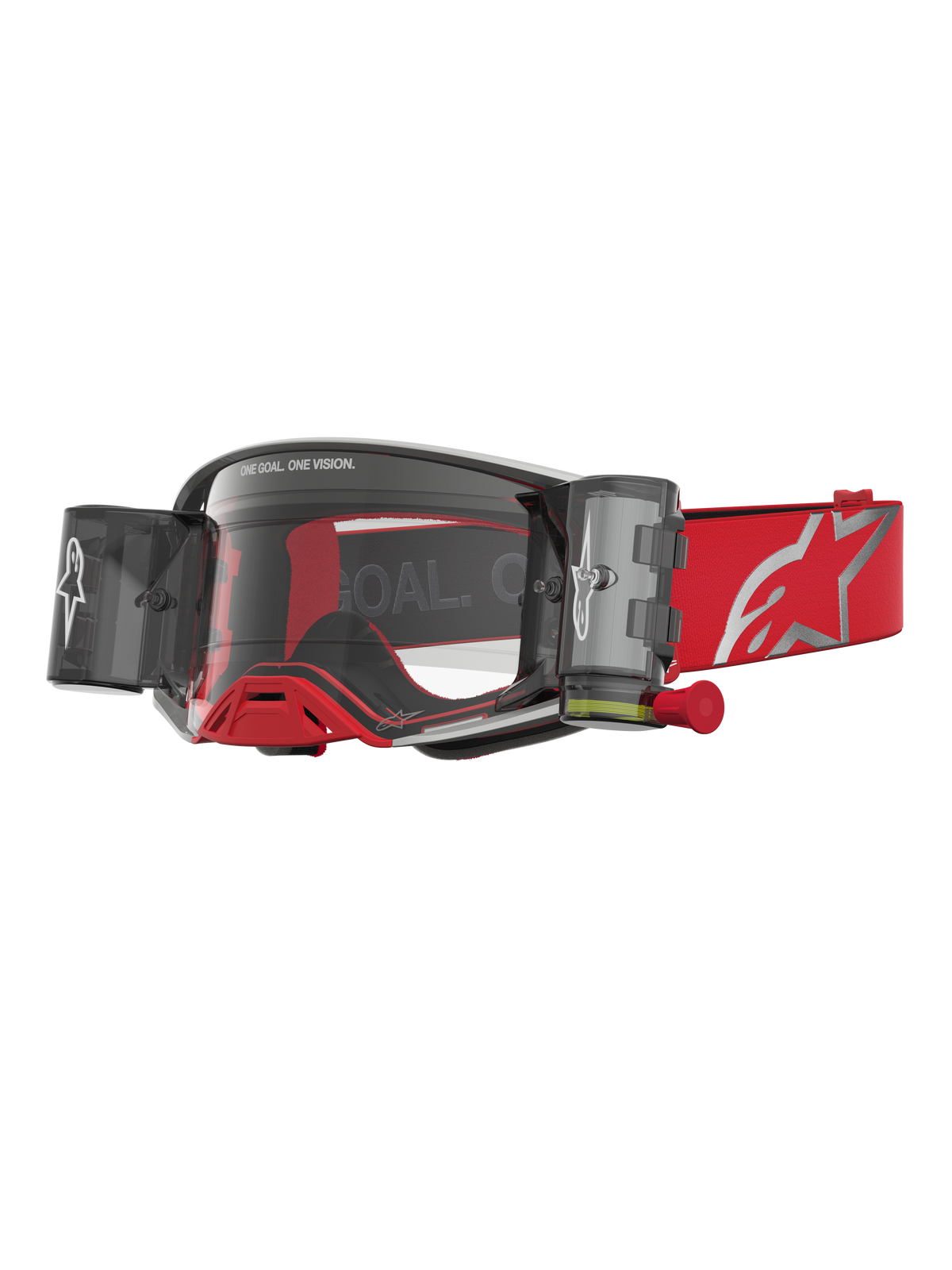 Alpinestars Supertech Firma Roll Off Goggles in red and silver for motocross, featuring clear lenses and roll-off canisters.