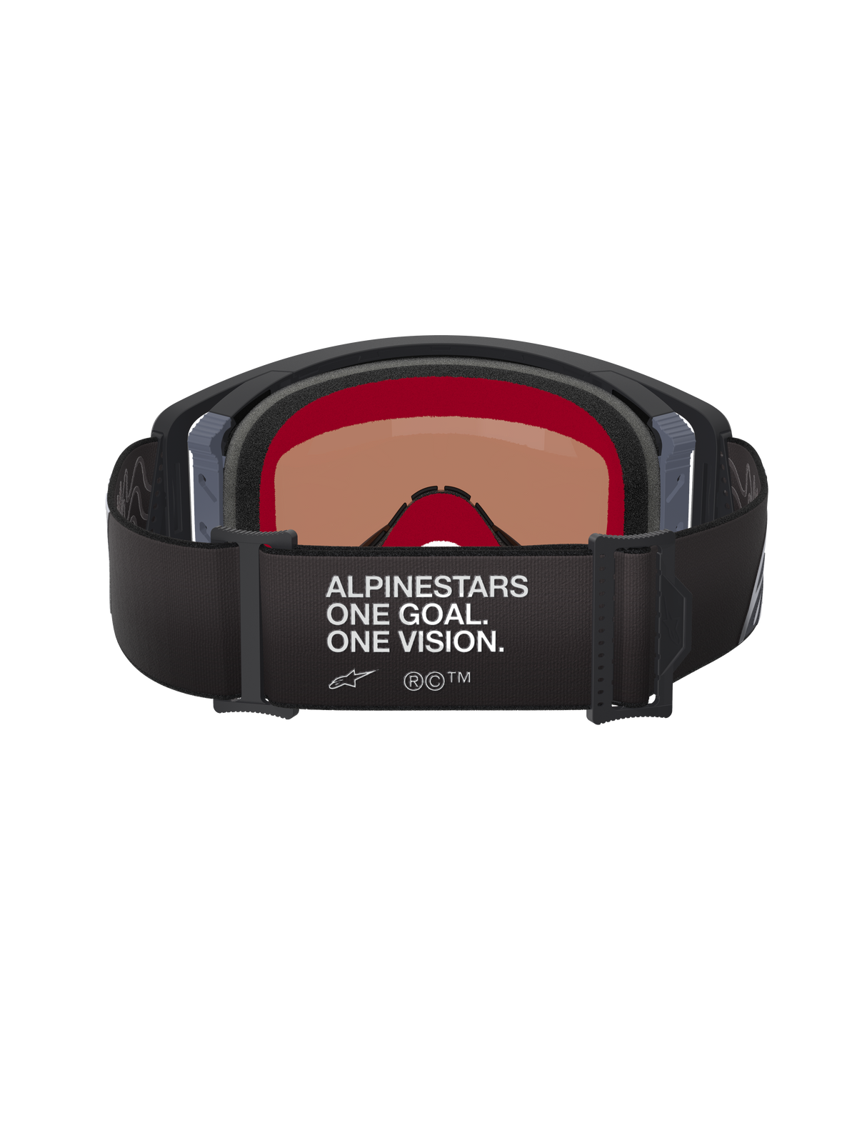 Alpinestars Supertech Corp Goggles Absolute Vision, Motocross Goggles, Black and Grey, rear view showing black adjustable strap with white 'ALPINESTARS ONE GOAL. ONE VISION.' text, warm-tinted lens, and multi-layer face foam.