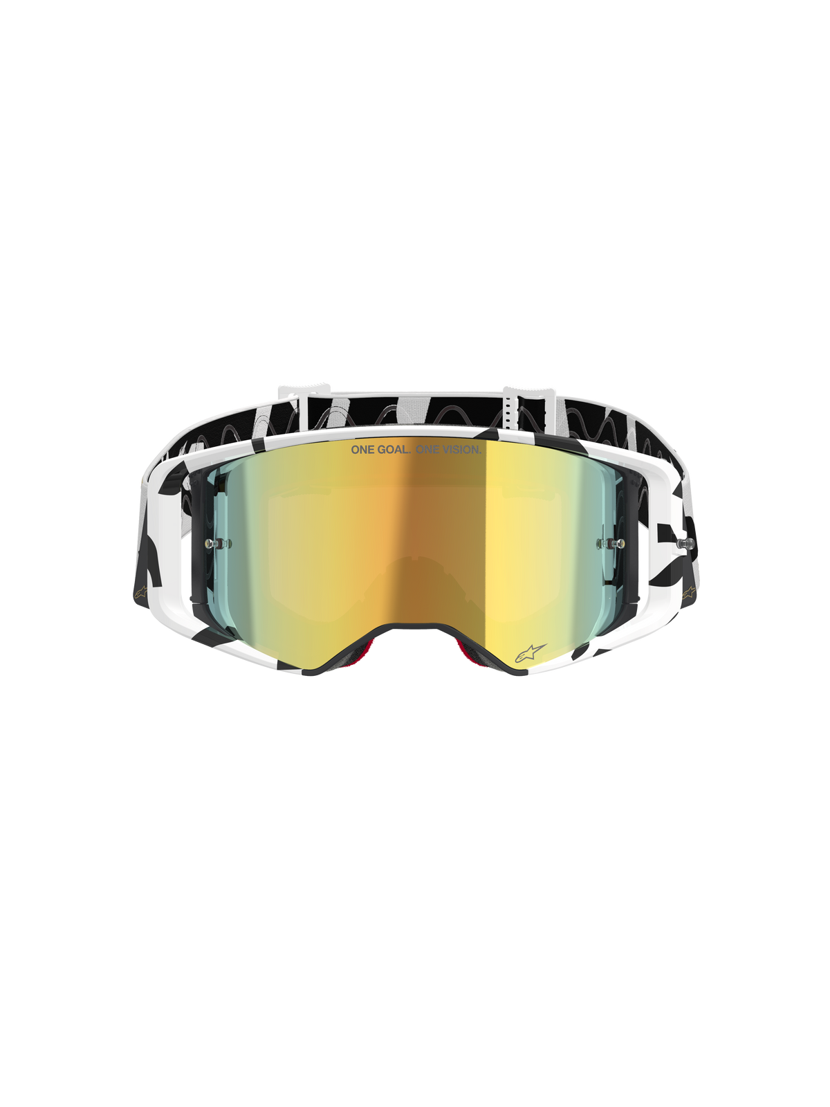 Alpinestars Supertech Corp Goggles Absolute Vision, motocrossglasögon, vit och guldspegel, med svartvit grafisk ram och rem, guldspegellins med texten 'ONE GOAL. ONE VISION.', högpresterande terrängglasögon