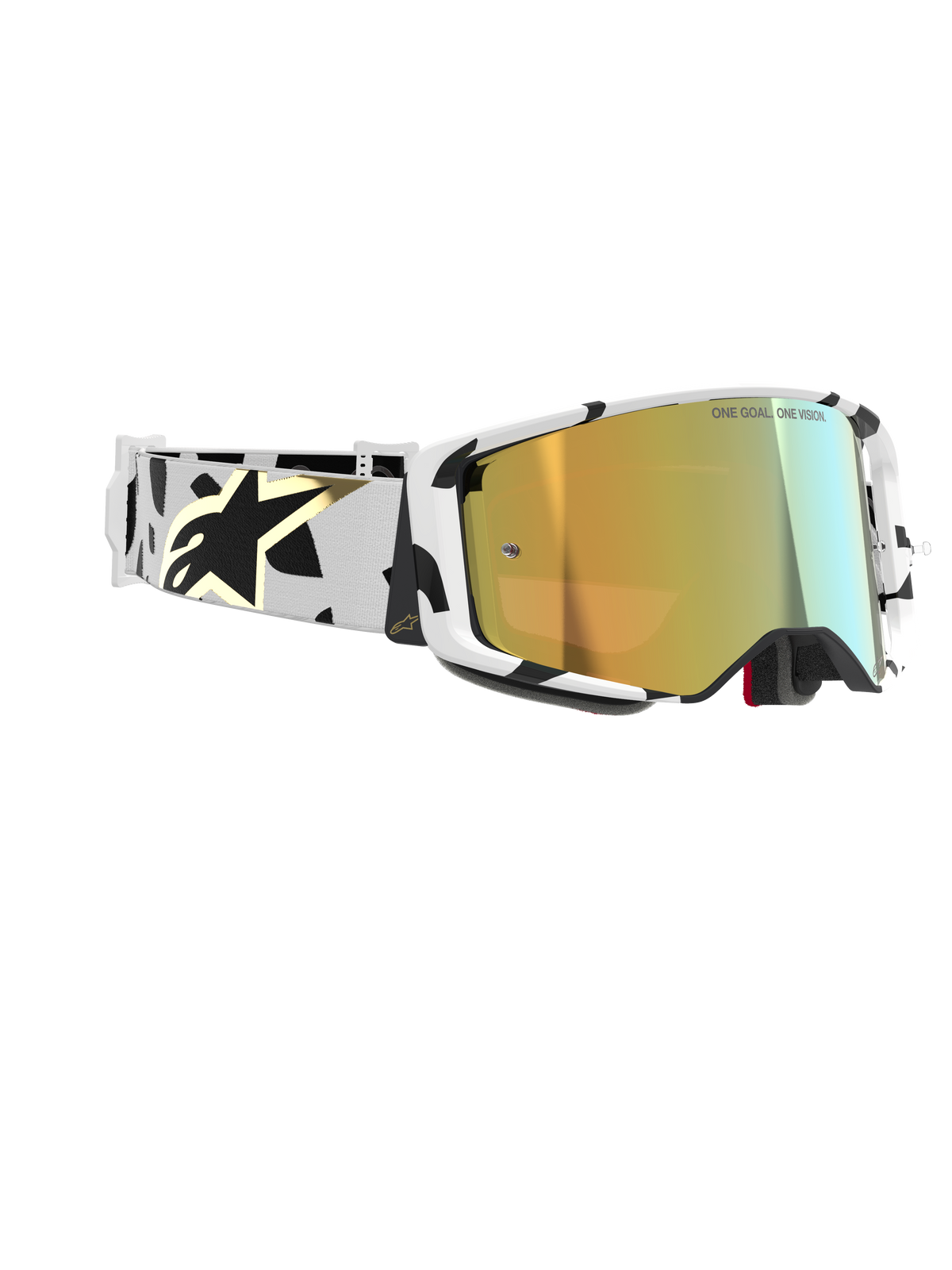 Alpinestars Supertech Corp Goggles Absolute Vision, motocrossglasögon, vit ram med svarta grafiska mönster, guldtonad spegellins, vitt och svart band med guldfärgad Alpinestars-logotyp, högpresterande skyddsglasögon för racing