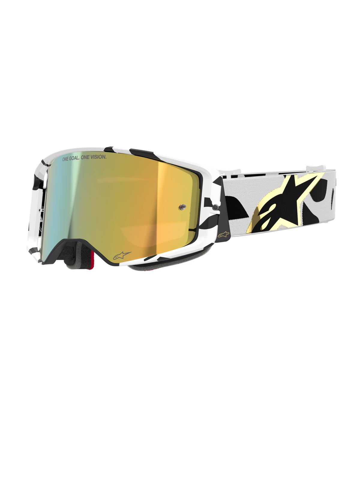 Alpinestars Supertech Corp Goggles Absolute Vision, motocrossglasögon, vit- och svartmönstrad ram med guldspegellins, bred rem med svart abstrakt design och guldfärgad Alpinestars-logotyp, "ONE GOAL. ONE VISION."-märkning på linsen, högpresterande racingutrustning.