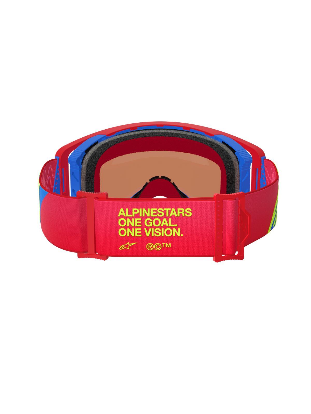 Alpinestars Supertech Corp Goggles Absolute Vision, vy bakifrån, röd och blå ram, rött elastiskt band med gul text 'One Goal. One Vision.', svart ansiktsskum i flera lager, högpresterande motocrossglasögon