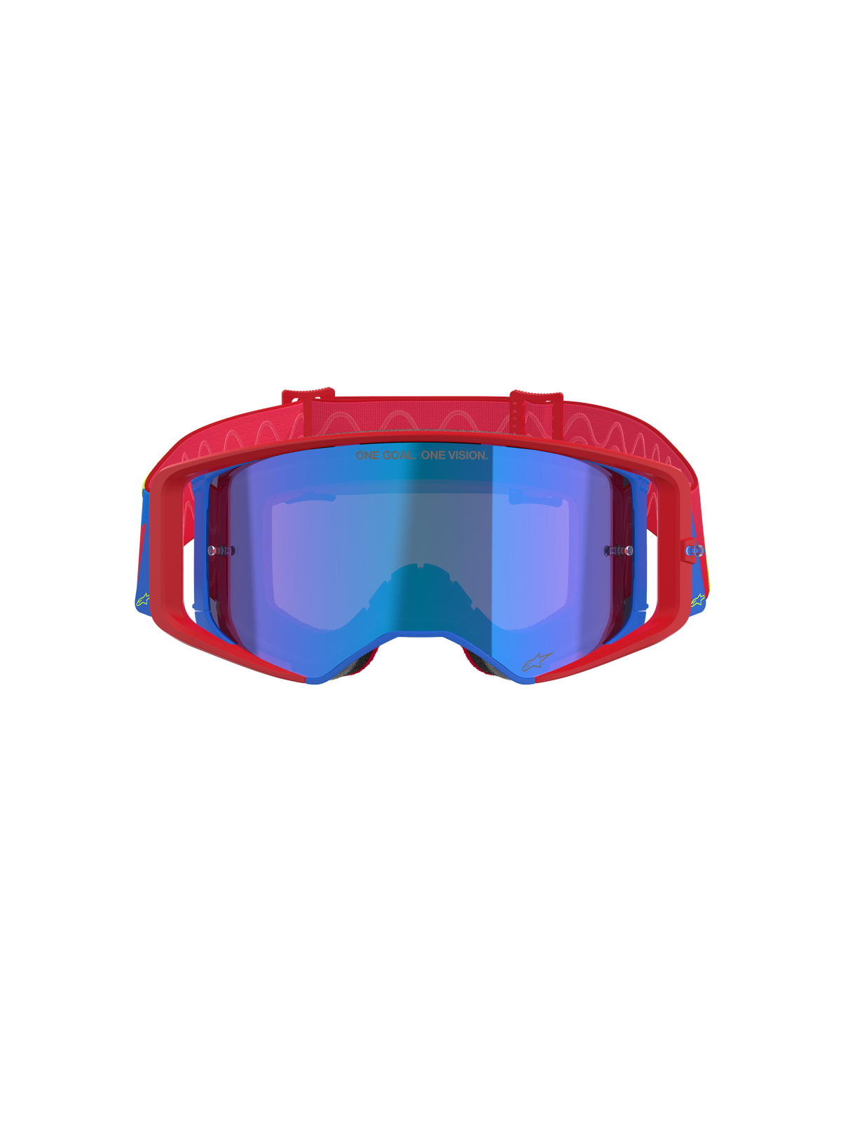 Alpinestars Supertech Corp Goggles Absolute Vision, motocrossglasögon, röda och blå med Mirror Blue-lins, med en röd ram med blå detaljer, mönstrat rött band och texten 'ONE GOAL... ONE VISION.' på linsen.