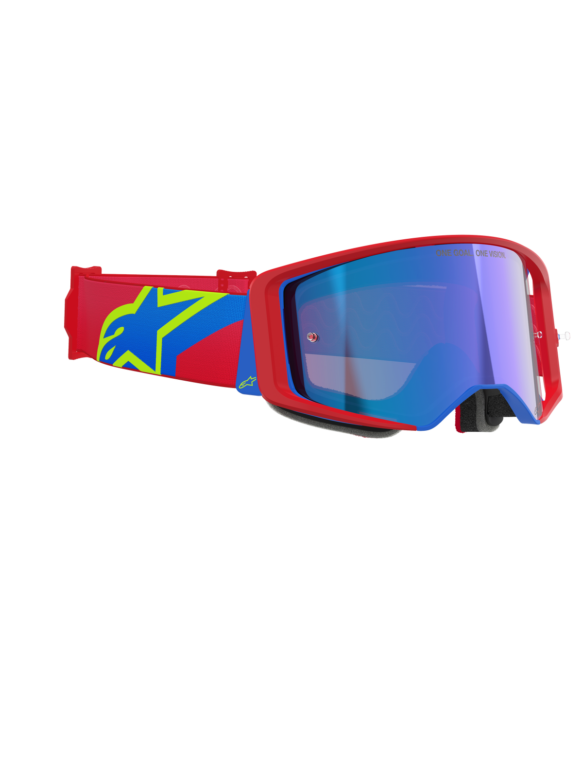 Alpinestars Supertech Corp Goggles Absolute Vision, motocrossglasögon, röd och blå ram med blå spegellins, rött och blått band med en gul Alpinestars-stjärnlogotyp, professionella glasögon för terrängkörning