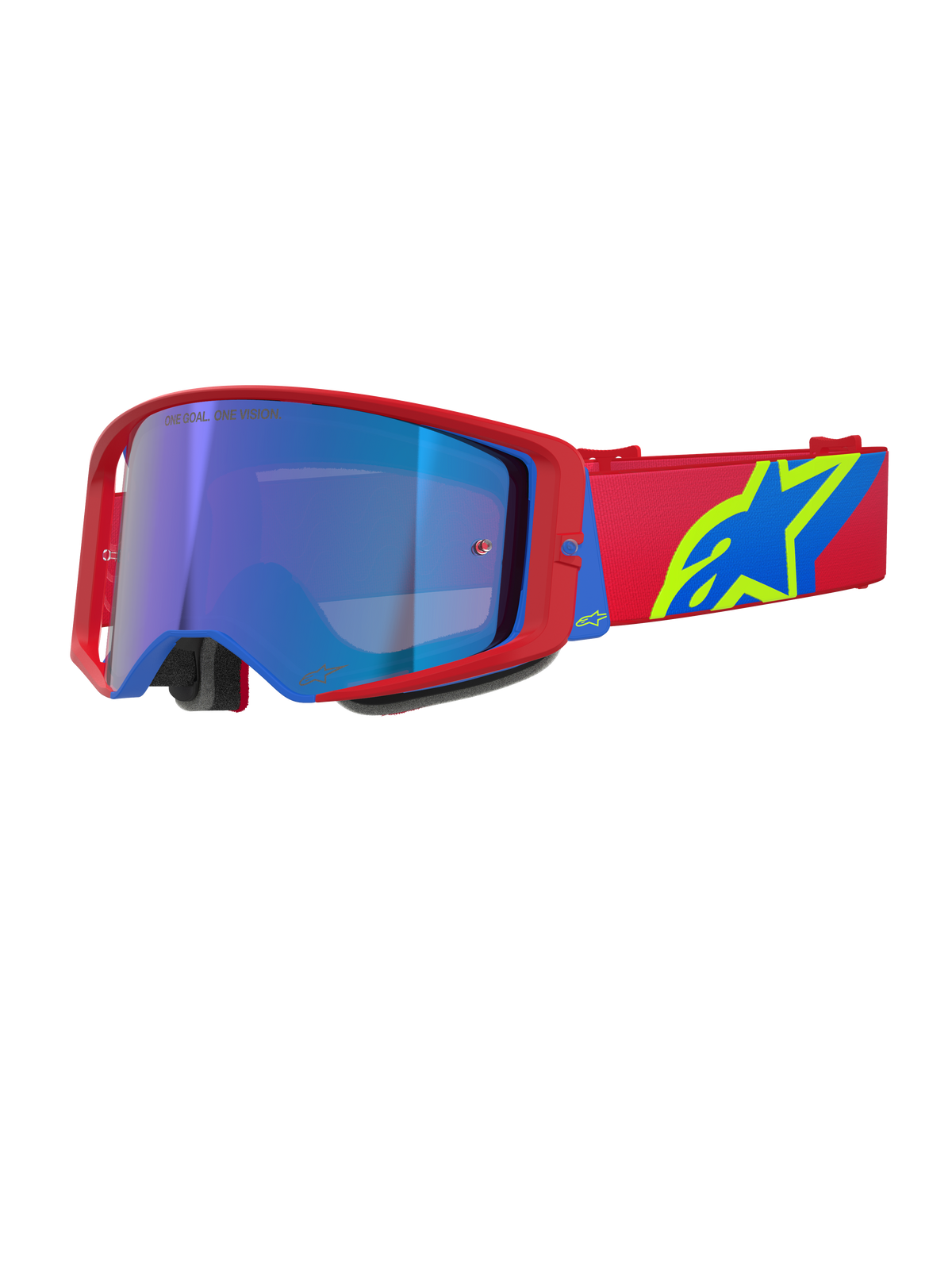 Alpinestars Supertech Corp Goggles Absolute Vision, motocrossglasögon, röd och blå ram med Mirror Blue-lins, rött band med framträdande gul och blå Alpinestars-logotyp, högpresterande glasögon för terrängkörning och racing