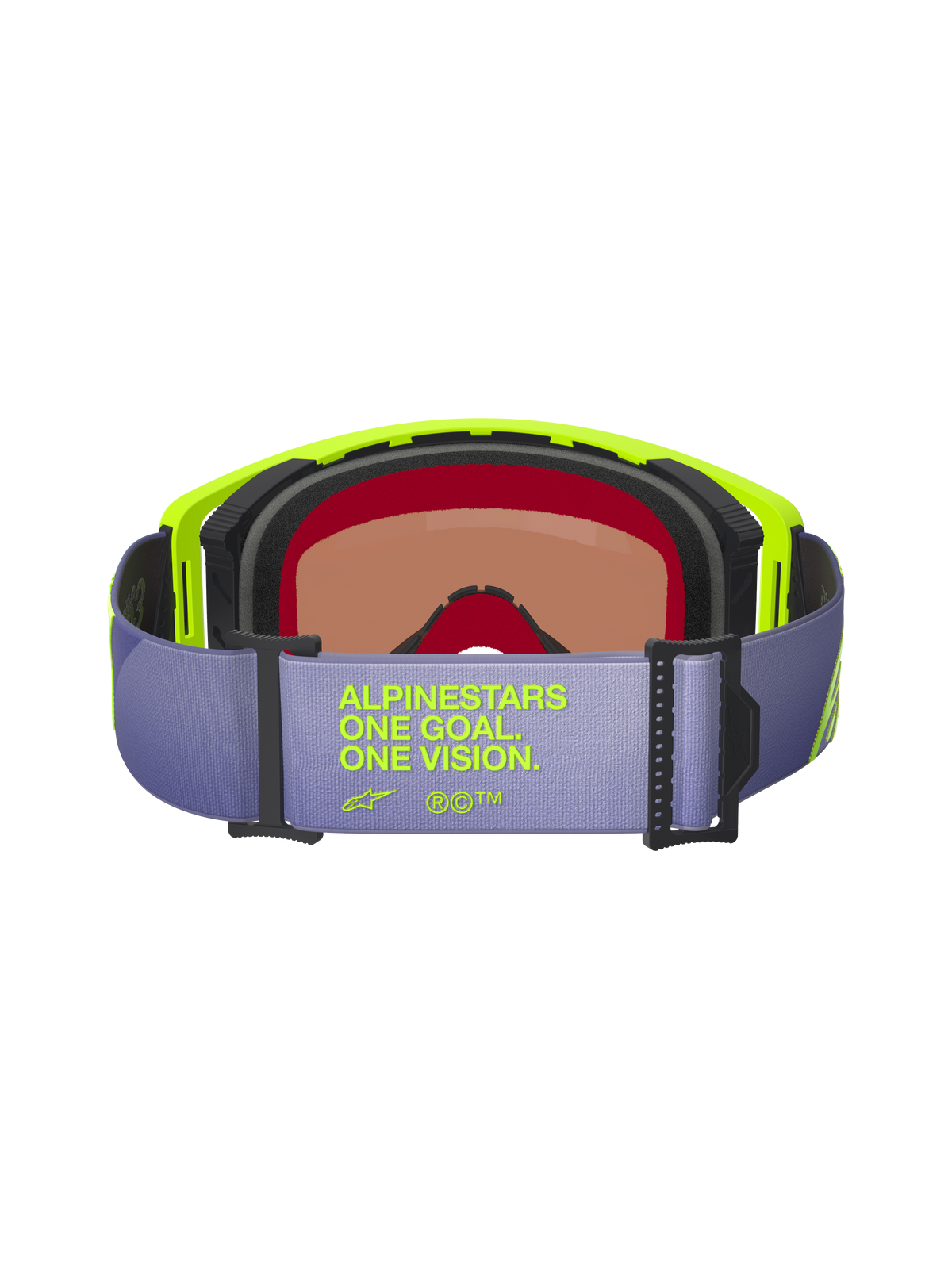 Alpinestars Supertech Vision Corp Goggles, back view, light purple strap featuring neon yellow 'ALPINESTARS ONE GOAL. ONE VISION.' text, neon yellow frame, multi-layer black face foam, and tinted lens for motocross and off-road racing