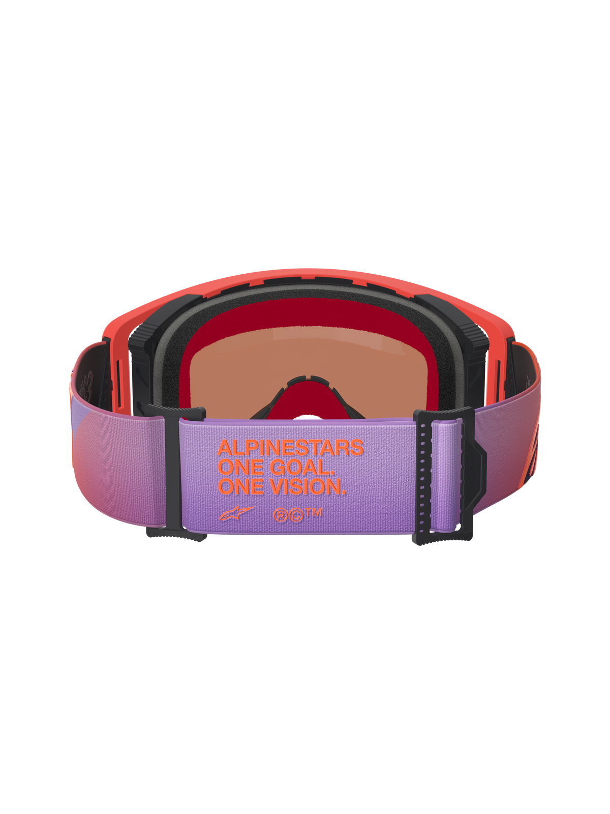 Alpinestars Supertech Vision Corp Goggles, motocrossglasögon, baksida med lila justerbart band och orange 'ALPINESTARS ONE GOAL ONE VISION'-märkning, korallfärgad ram med svart skum, högpresterande glasögon för terrängkörning