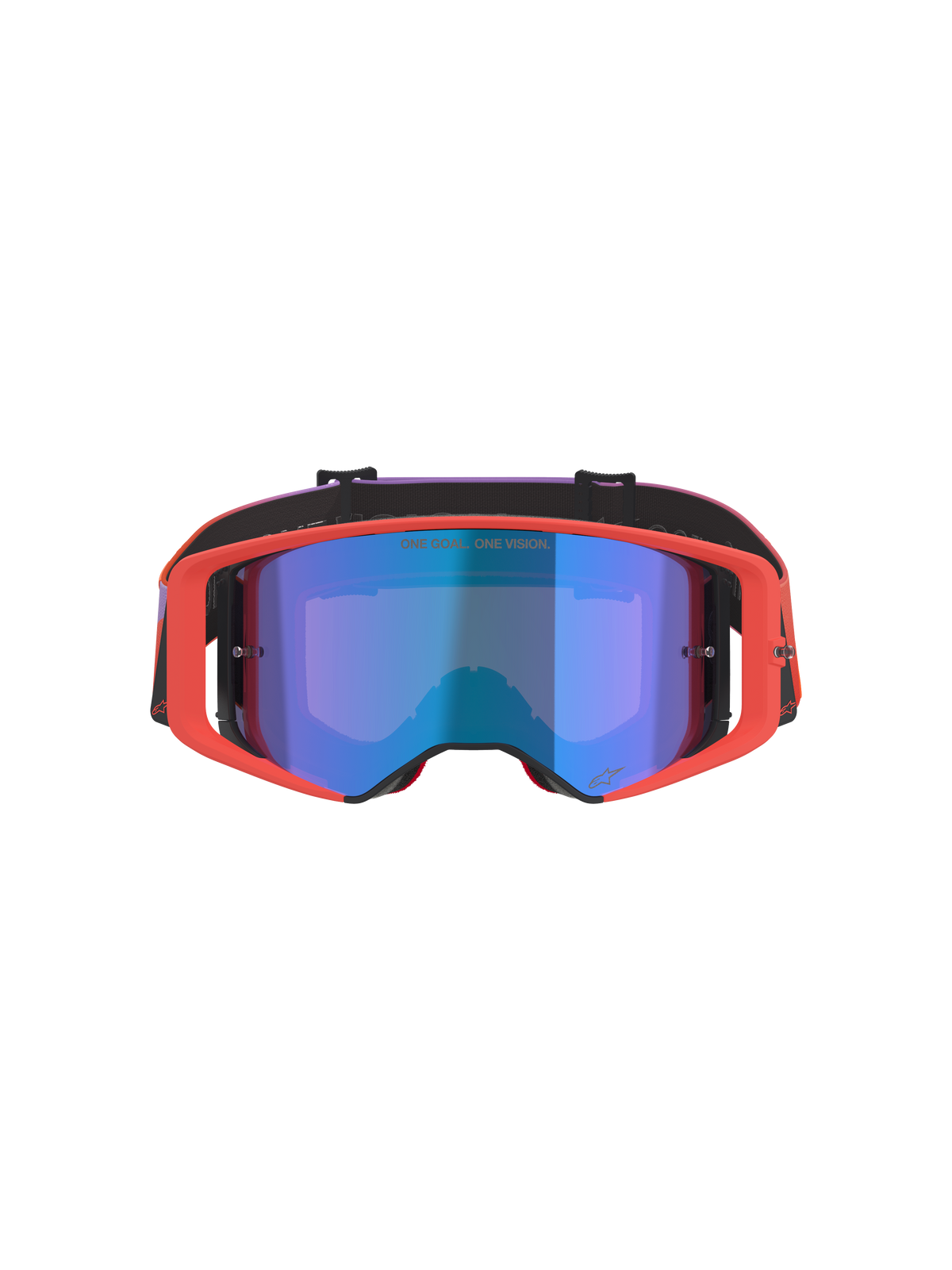 Alpinestars Supertech Vision Corp Goggles, motocrossglasögon, Hot Coral-ram med Mirror Blue-tonad lins, lila och orange gradient-band, med texten 'ONE GOAL. ONE VISION.', högpresterande ögonskydd för terrängkörning