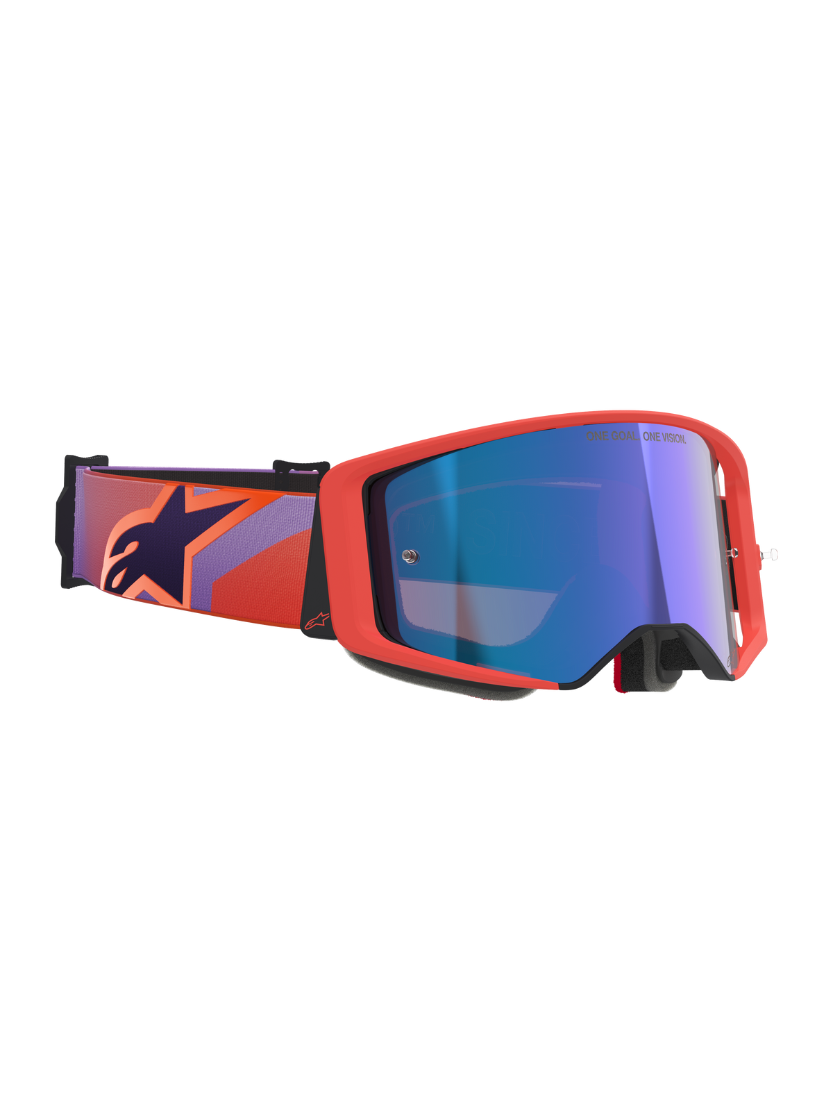 Alpinestars Supertech Vision Corp Goggles, motocrossglasögon, Hot Coral-ram och Mirror Blue-lins, lila- och korallmönstrat band med en mörkblå stjärnlogotyp, mästerskapsbeprövad design för terrängkörning