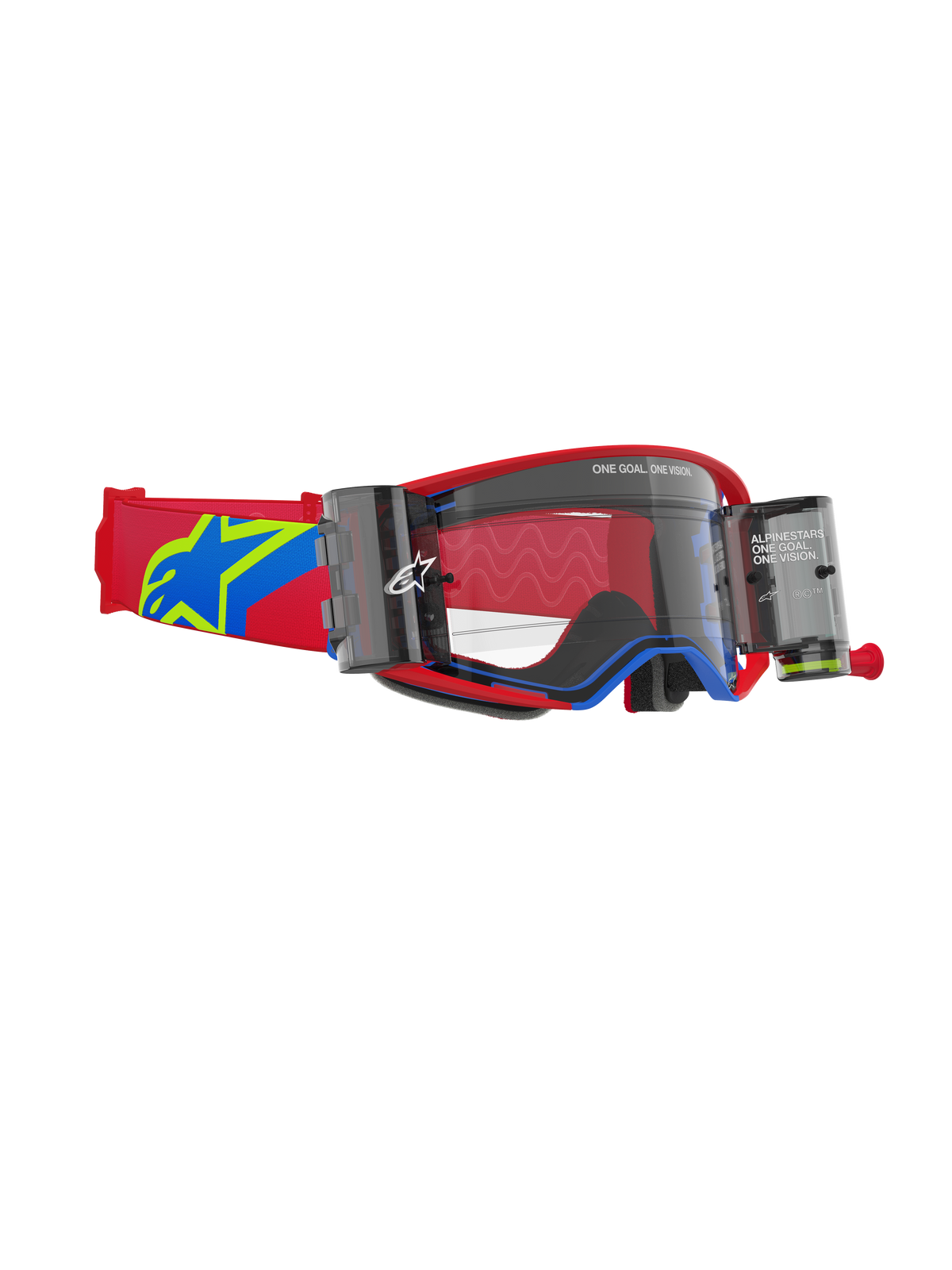 Alpinestars Supertech Corp Goggles Roll Off, motocrossglasögon, röd och blå ram med klar lins, integrerat Wide Vision Roll-Off-system med dubbla kassetter, röd justerbar rem med en blå och gul stjärnlogotyp, ögonskydd av professionell kvalitet för offroad-racing.