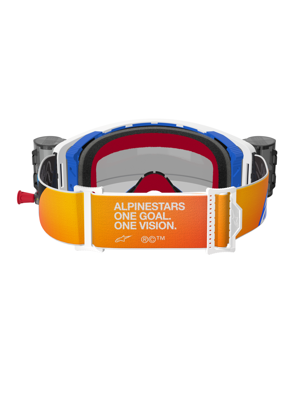 Alpinestars Supertech Corp Goggles Roll Off, vy bakifrån, orange och gul tonad rem med vit text "Alpinestars One Goal. One Vision.", blå och vita ramdetaljer med svart 3D-format ansiktsskum, integrerade roll-off-behållare synliga på sidorna