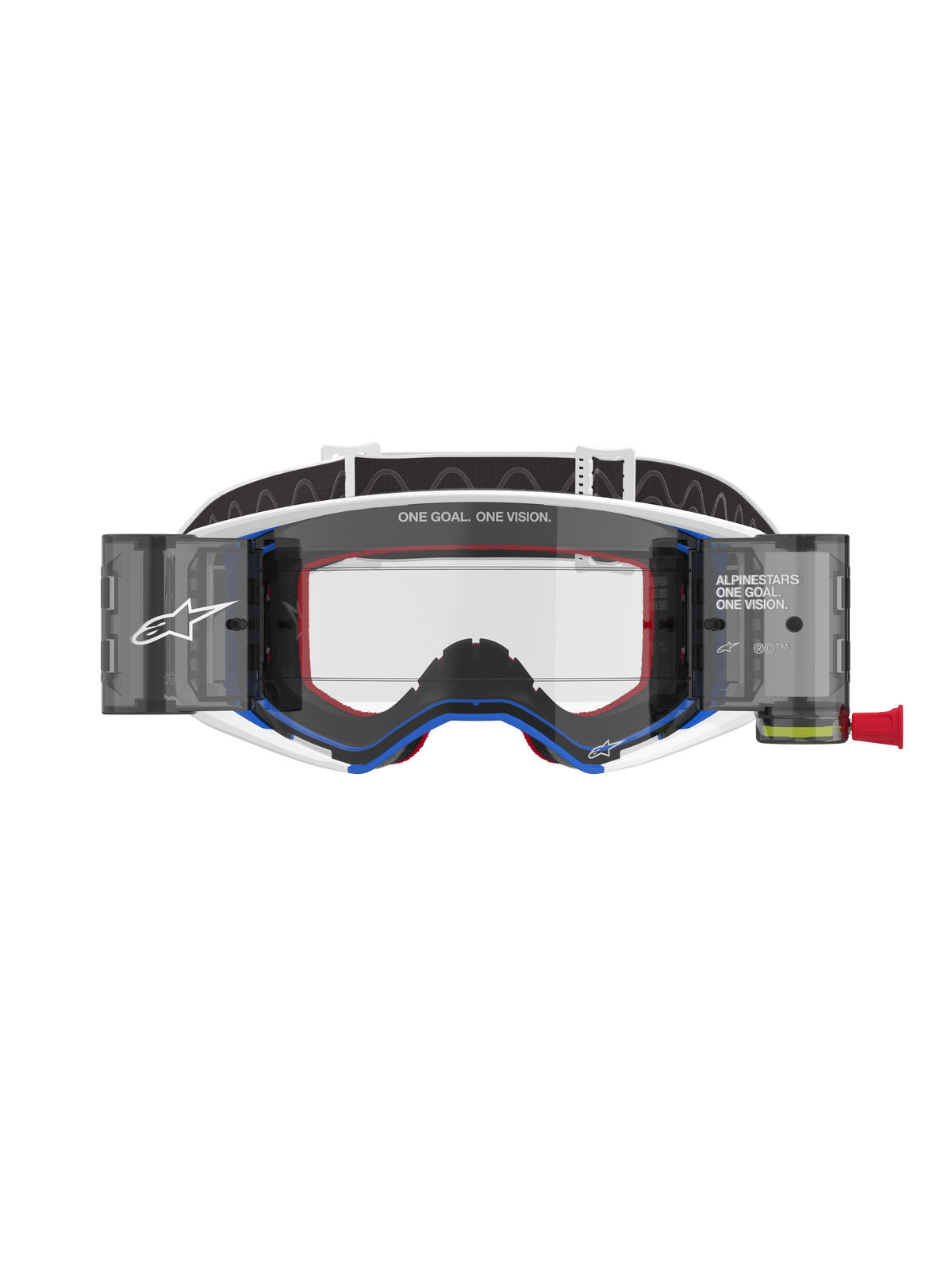 Alpinestars Supertech Corp Goggles Roll Off, motocrossglasögon, blå och vit ram med orangea detaljer, integrerat wide-view roll-off-system med klar lins, professionellt ögonskydd för terrängkörning med Alpinestars logotyp och texten "One Goal. One Vision."