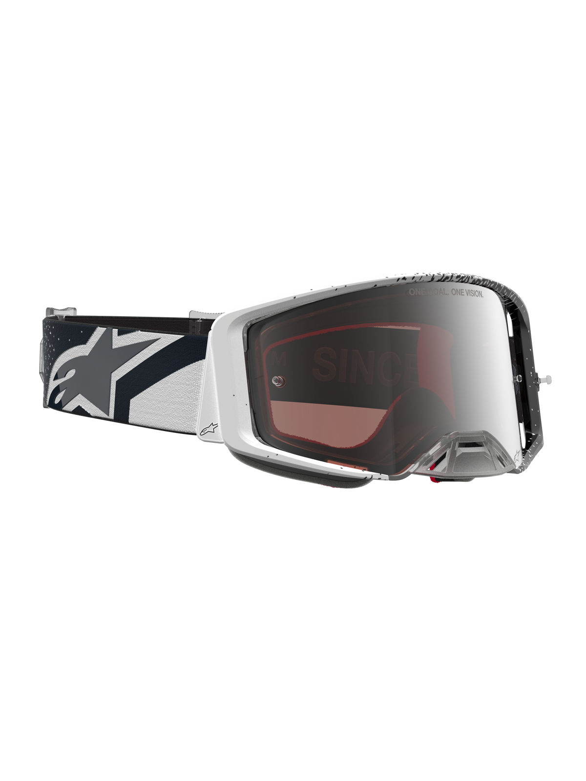 Alpinestars Supertech Hiten goggles, motocrossgoggles, vita och svarta med spegelsilverlins, rem med stjärnlogotyp, högpresterande utrustning för terrängkörning