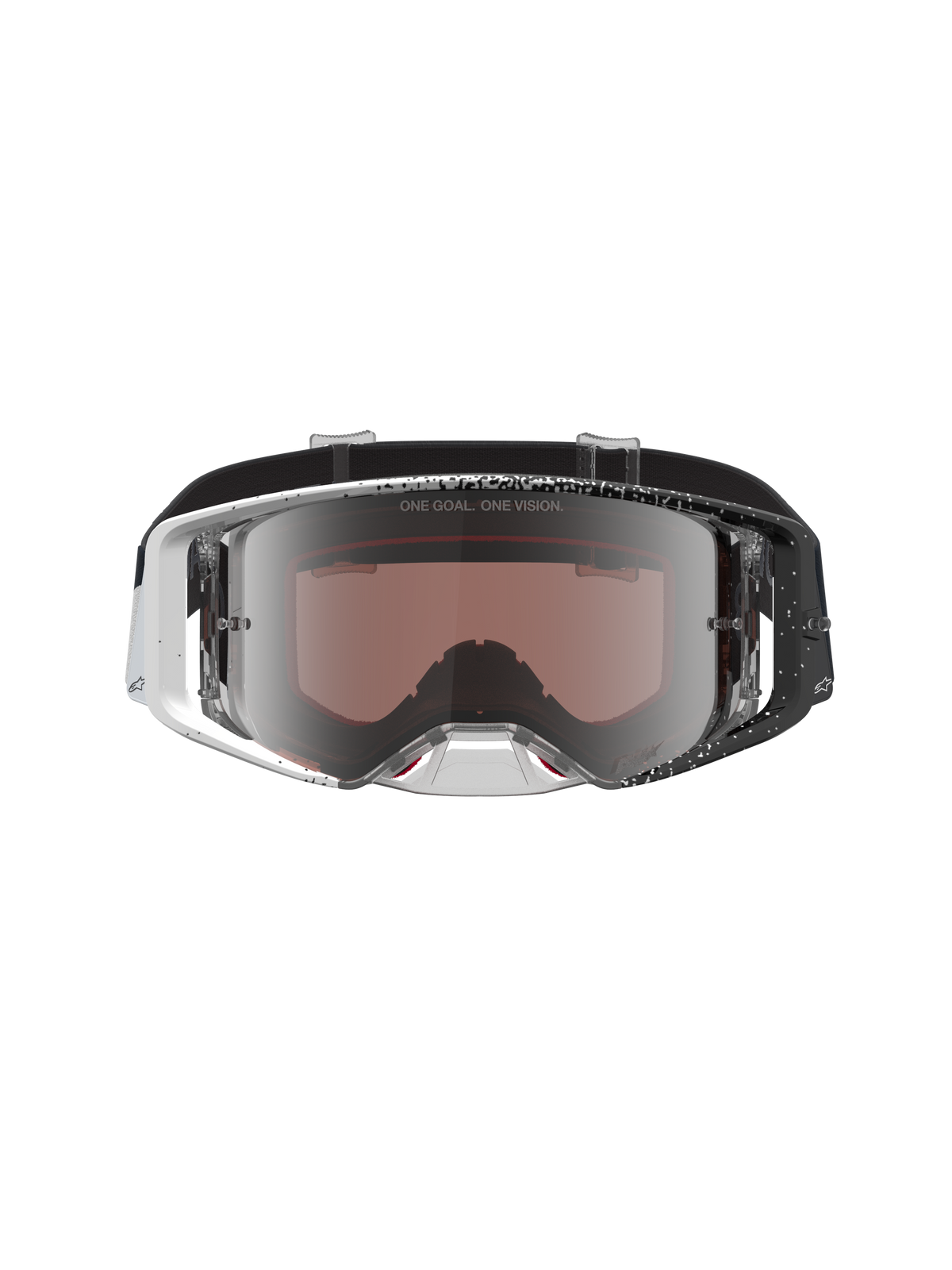 Alpinestars Supertech Hiten goggles, motocrossgoggles med vit och svart spräcklig ram och silverspegelglas, professionellt MX-skydd för terrängkörning
