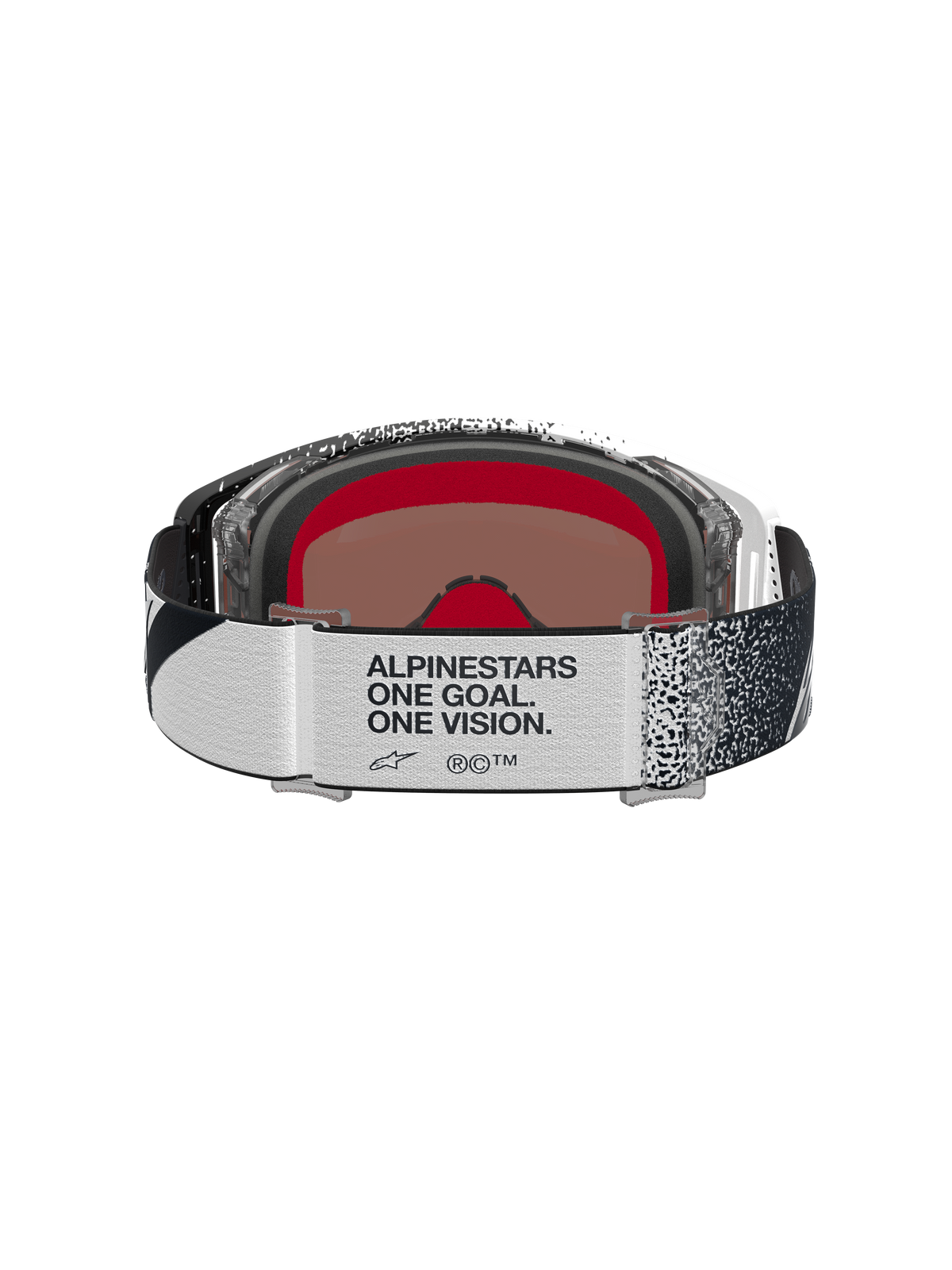 Alpinestars Supertech Hiten goggles, motocross-goggles, vit och svart, vy bakifrån med märkesrem och One Goal. One Vision