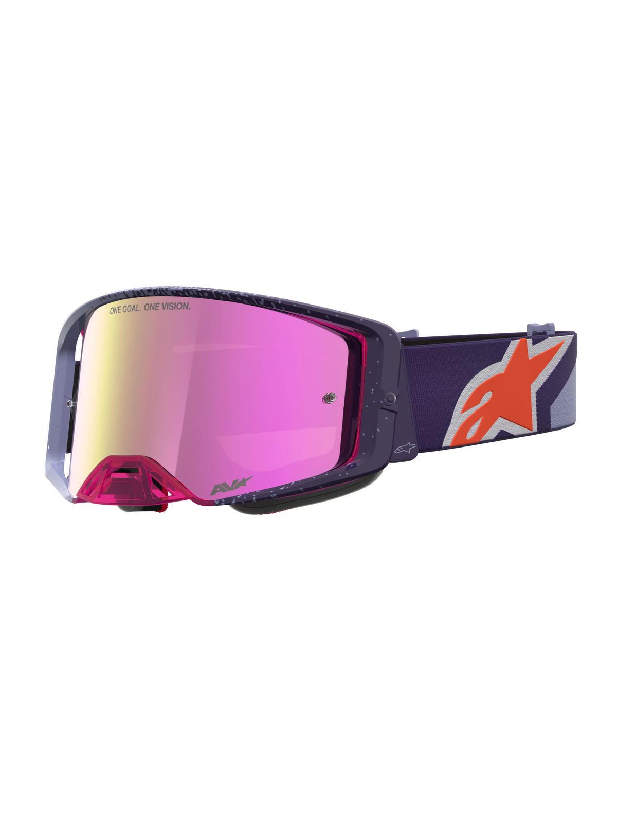 Alpinestars Supertech Hiten goggles för motocross, lila ram och band med rödrosa spegellins, röd logotyp, terrängkörning.
