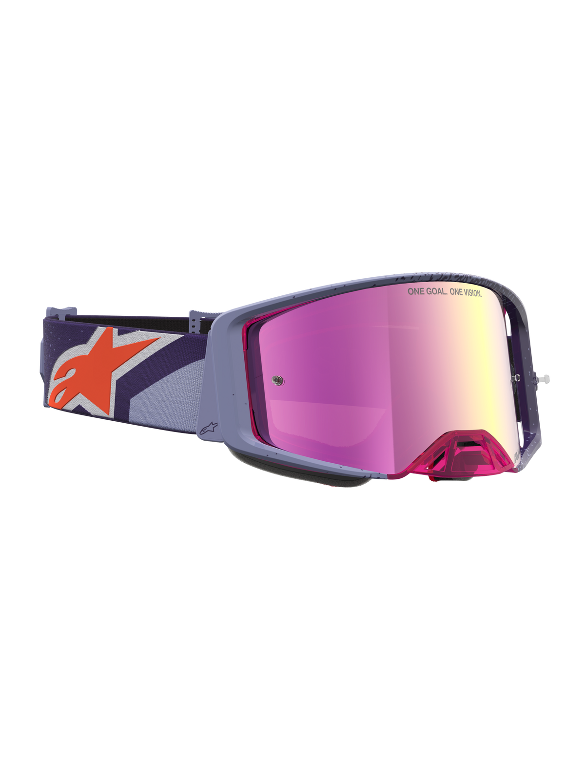 Alpinestars Supertech Hiten goggles, lila ram med röd spegelrosa lins och orange stjärnlogotyp på remmen.