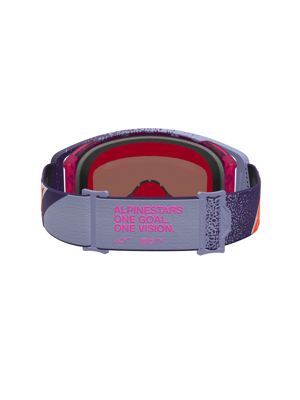 Alpinestars Supertech Hiten Goggles, lila och röda motocrossgoggles med rosa spegellins och märkt band, vy bakifrån.